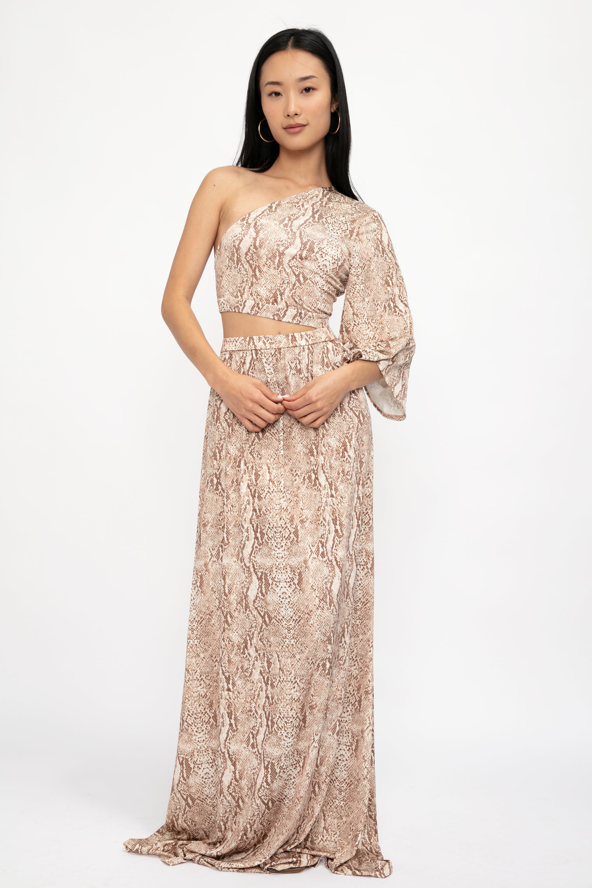 L'AGENCE Fontana One Shoulder Dress in Neutral Multi Cobra