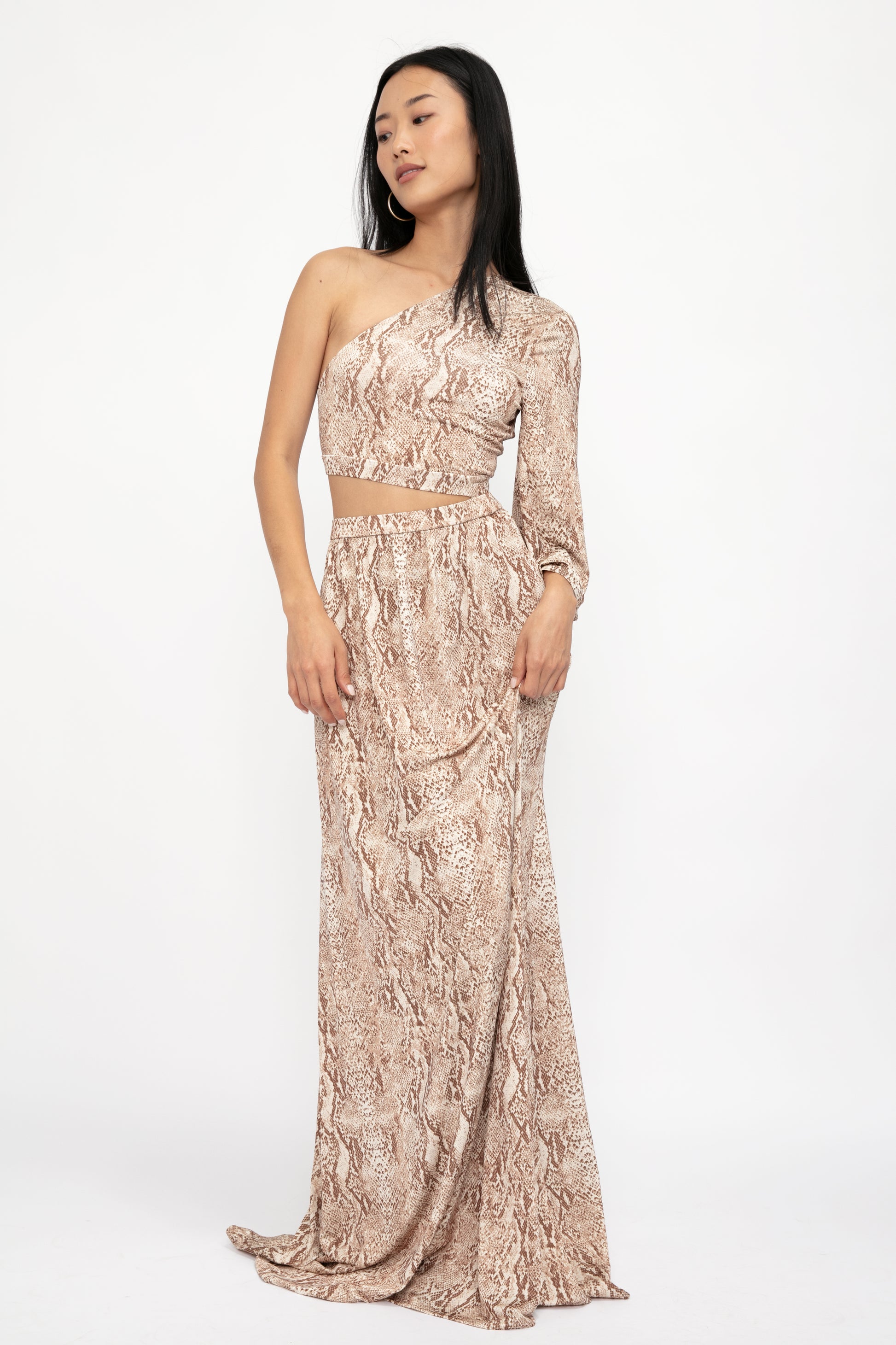 L'AGENCE Fontana One Shoulder Dress in Neutral Multi Cobra