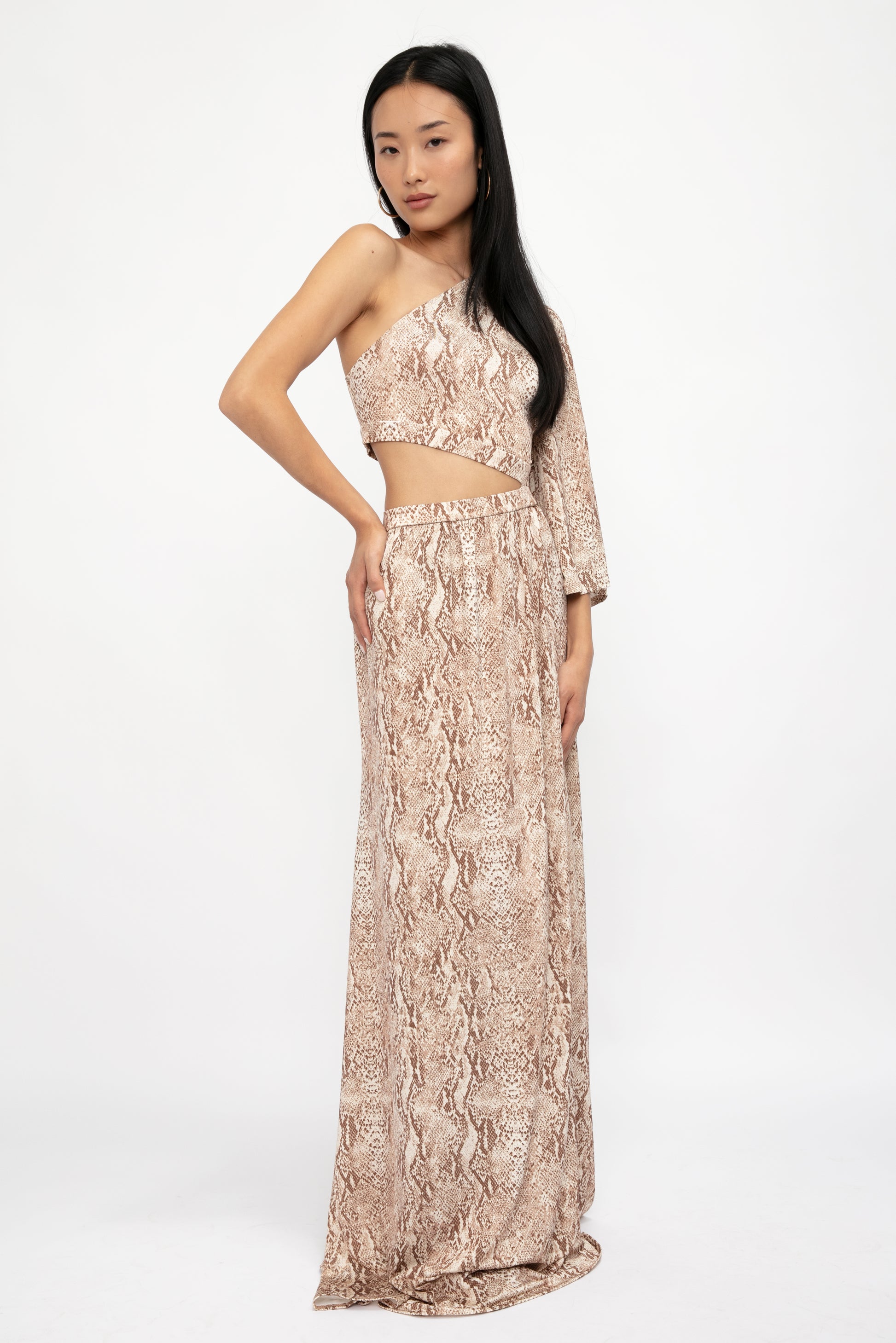 L'AGENCE Fontana One Shoulder Dress in Neutral Multi Cobra