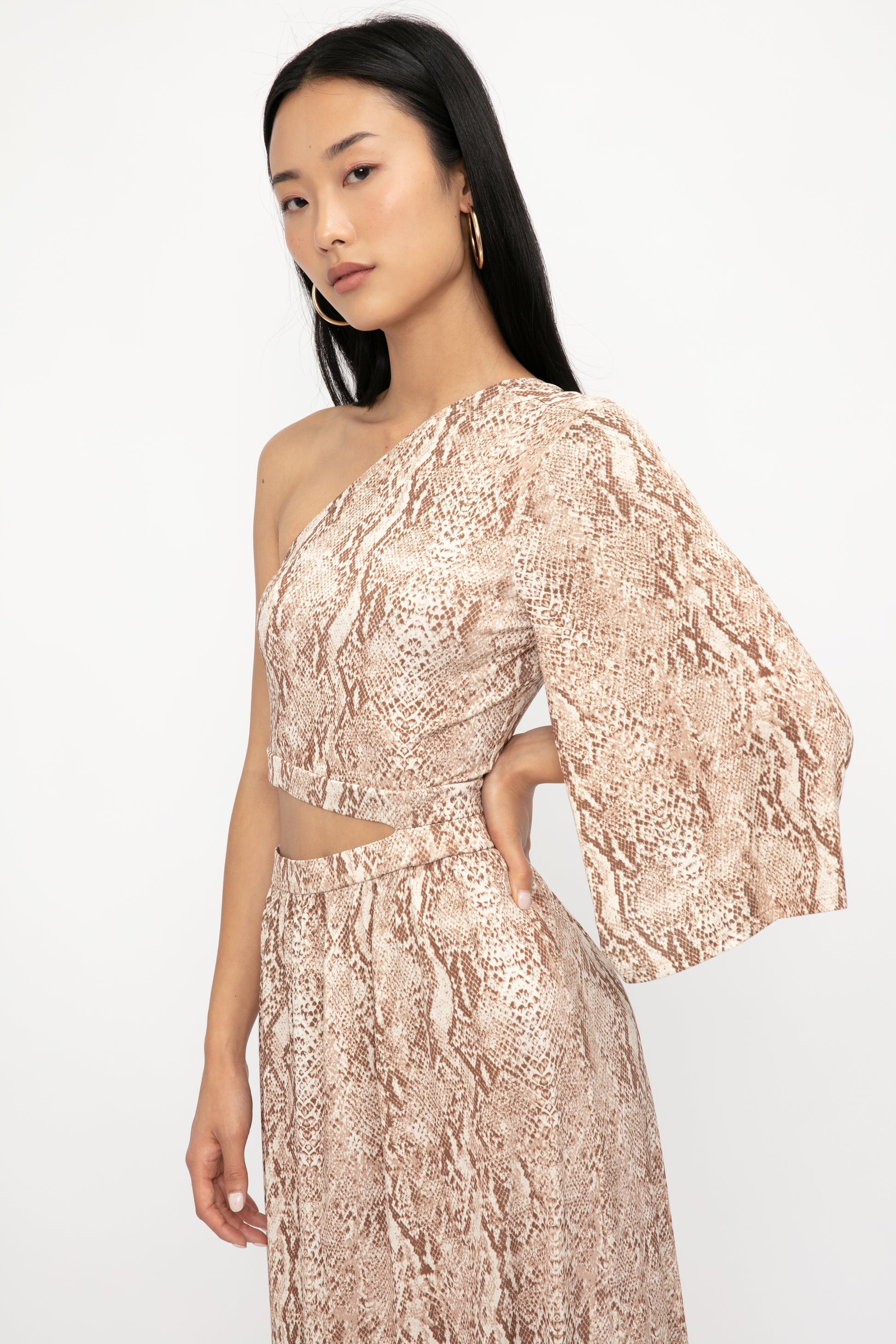L'AGENCE Fontana One Shoulder Dress in Neutral Multi Cobra