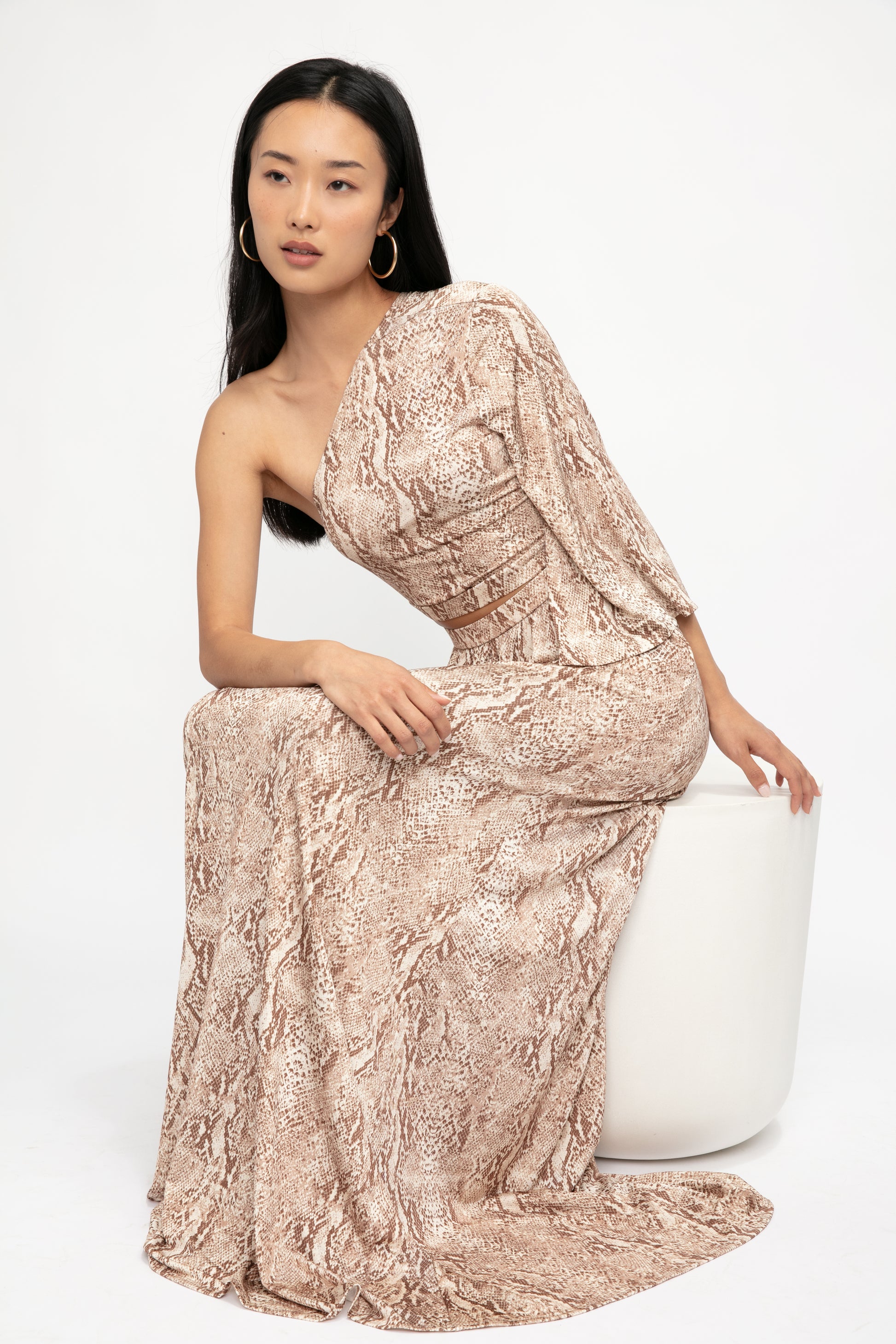 L'AGENCE Fontana One Shoulder Dress in Neutral Multi Cobra