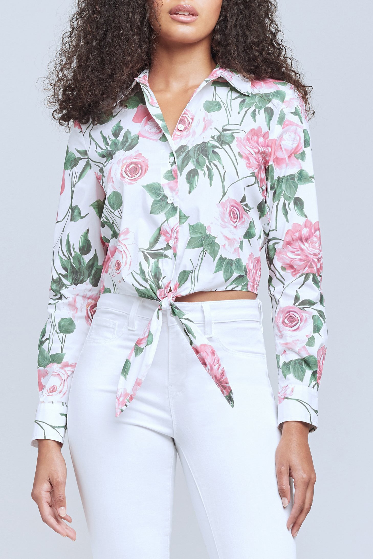 Gaia Tie Front Blouse in Rosa Print