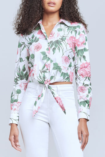 L'AGENCE Gaia Tie Front Blouse in Rosa Print
