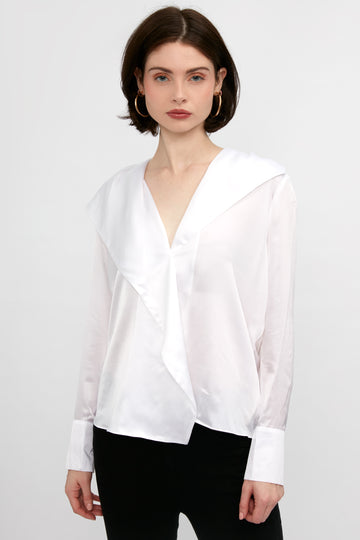 L'AGENCE Jaslynn Silk Open Collar Blouse in White