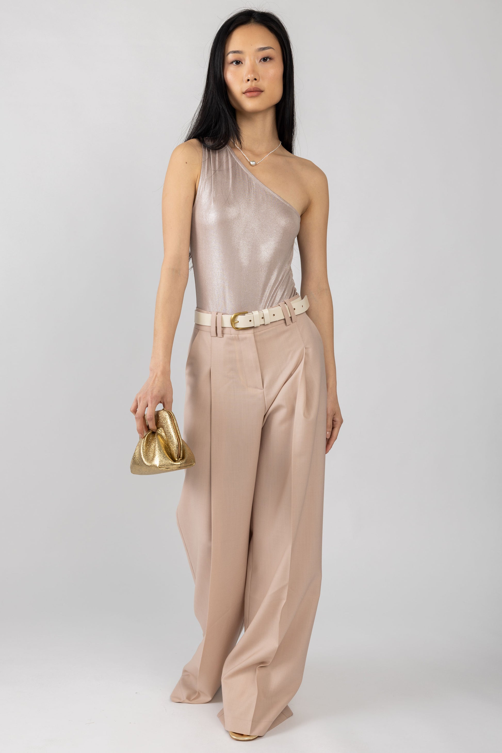 L'AGENCE Sheridan Metallic One Shoulder Bodysuit in Macchiato