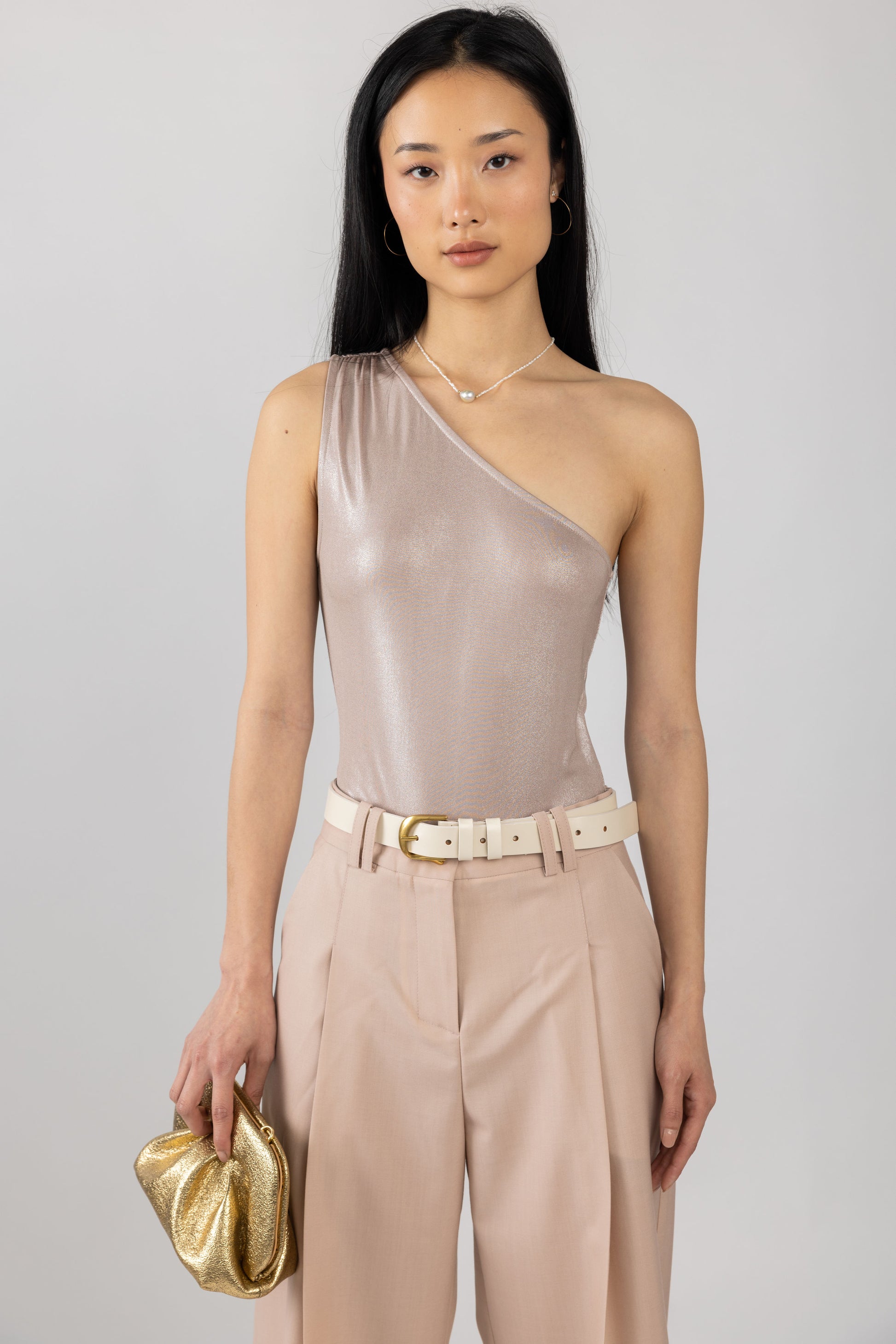 L'AGENCE Sheridan Metallic One Shoulder Bodysuit in Macchiato