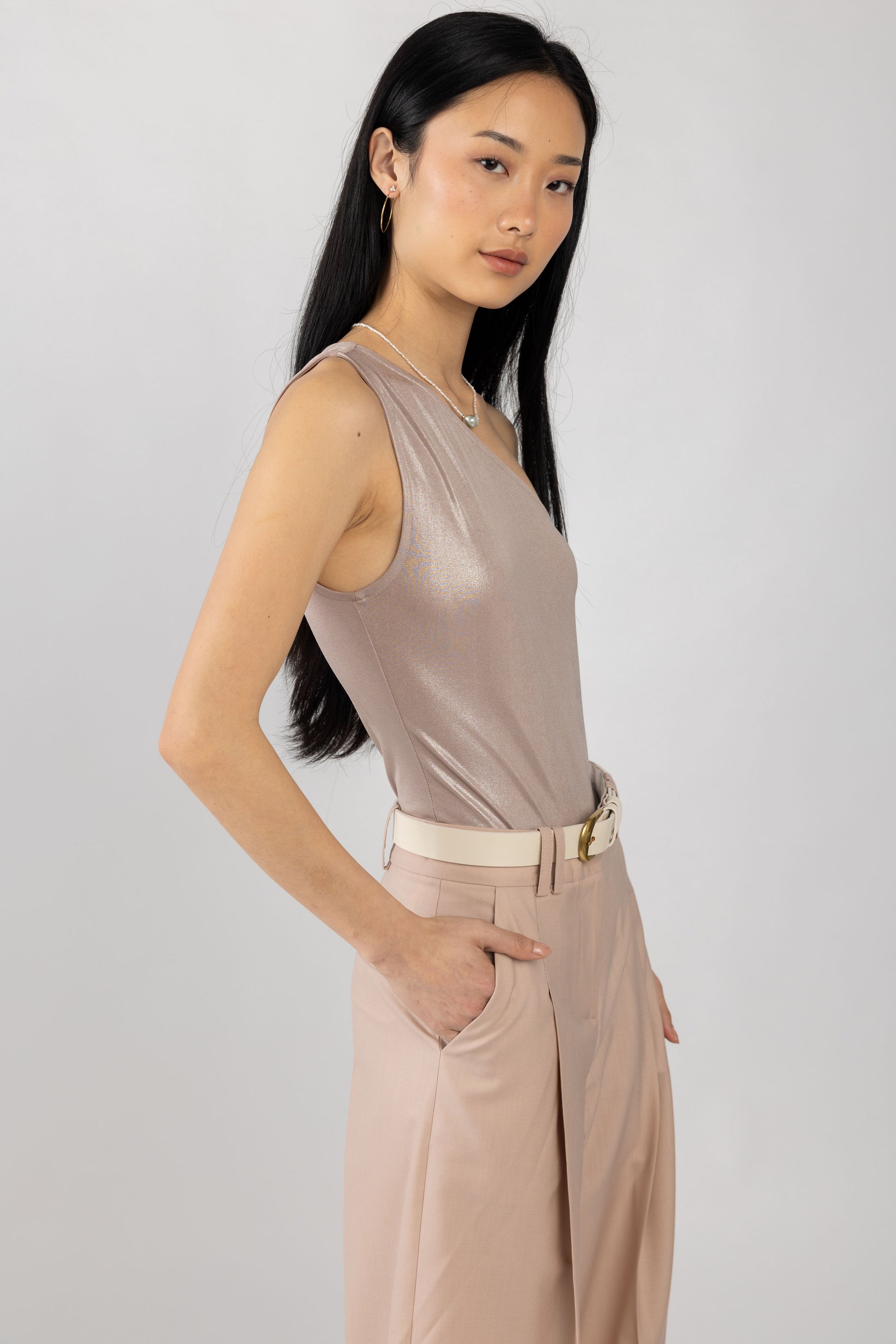 L'AGENCE Sheridan Metallic One Shoulder Bodysuit in Macchiato