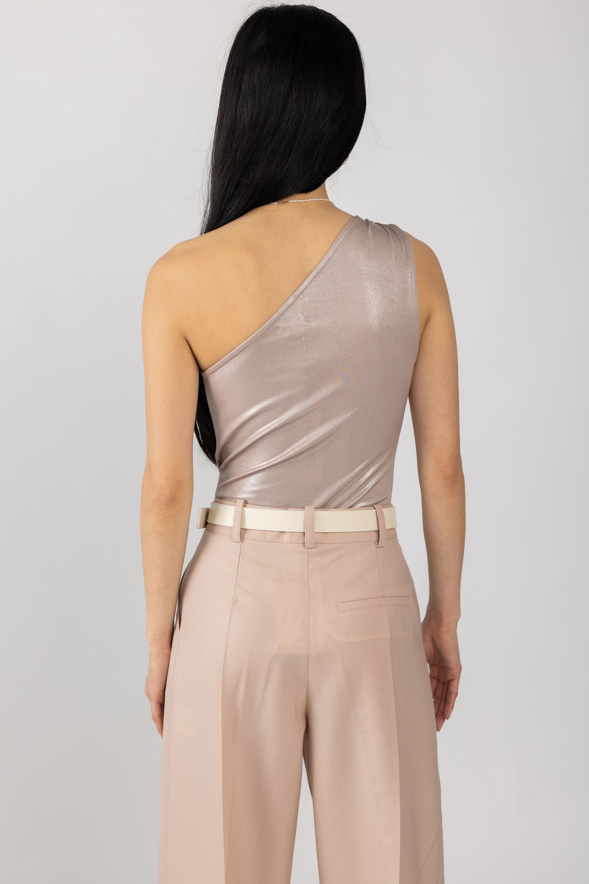 L'AGENCE Sheridan Metallic One Shoulder Bodysuit in Macchiato