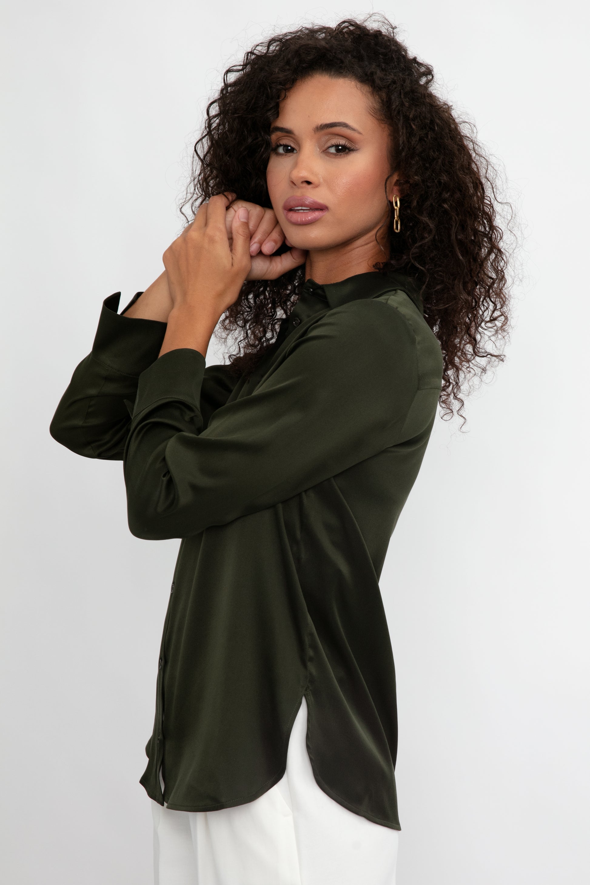 MAX MARA LEISURE Giudea Silk Satin Blouse in Dark Olive