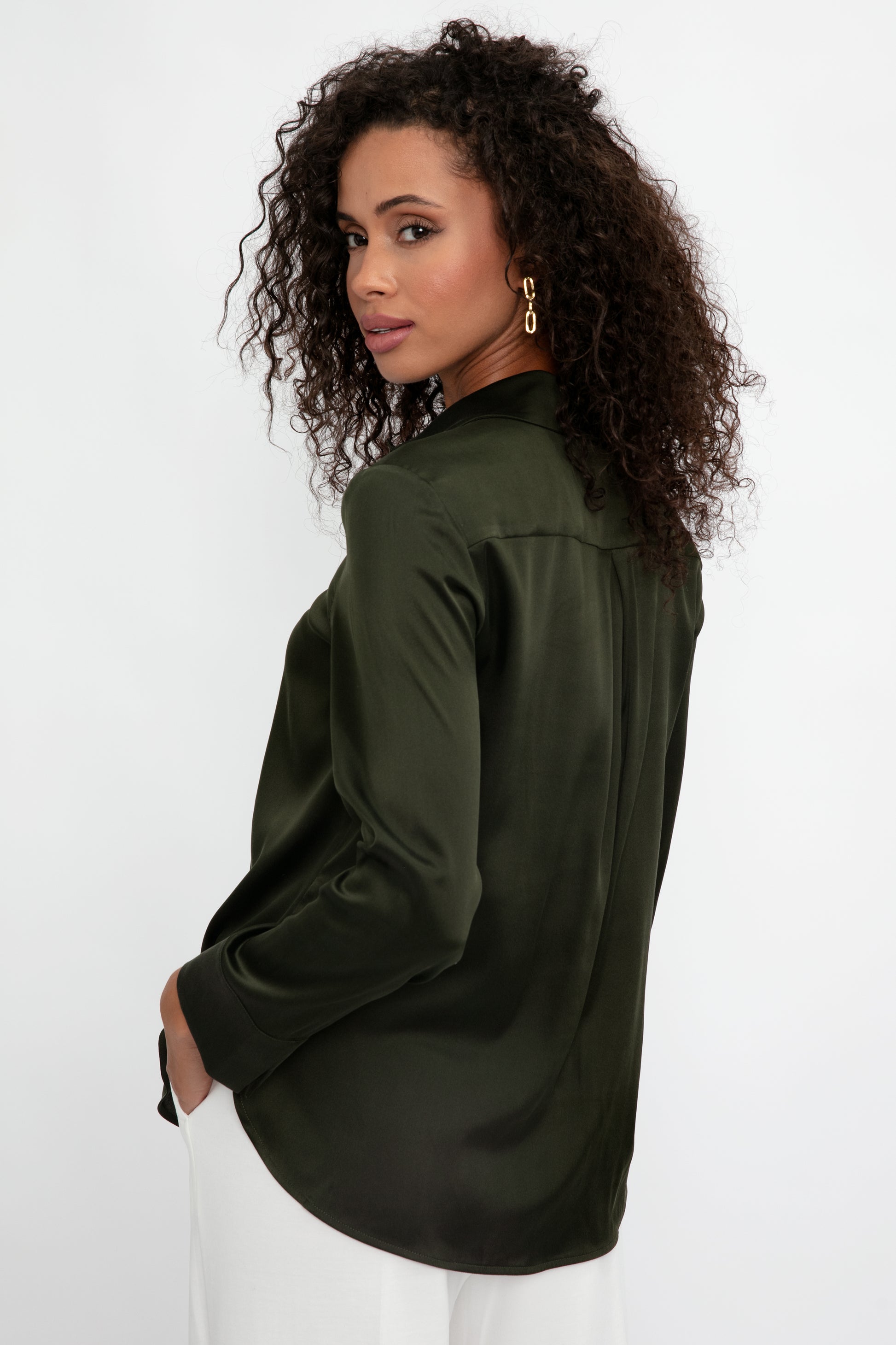MAX MARA LEISURE Giudea Silk Satin Blouse in Dark Olive