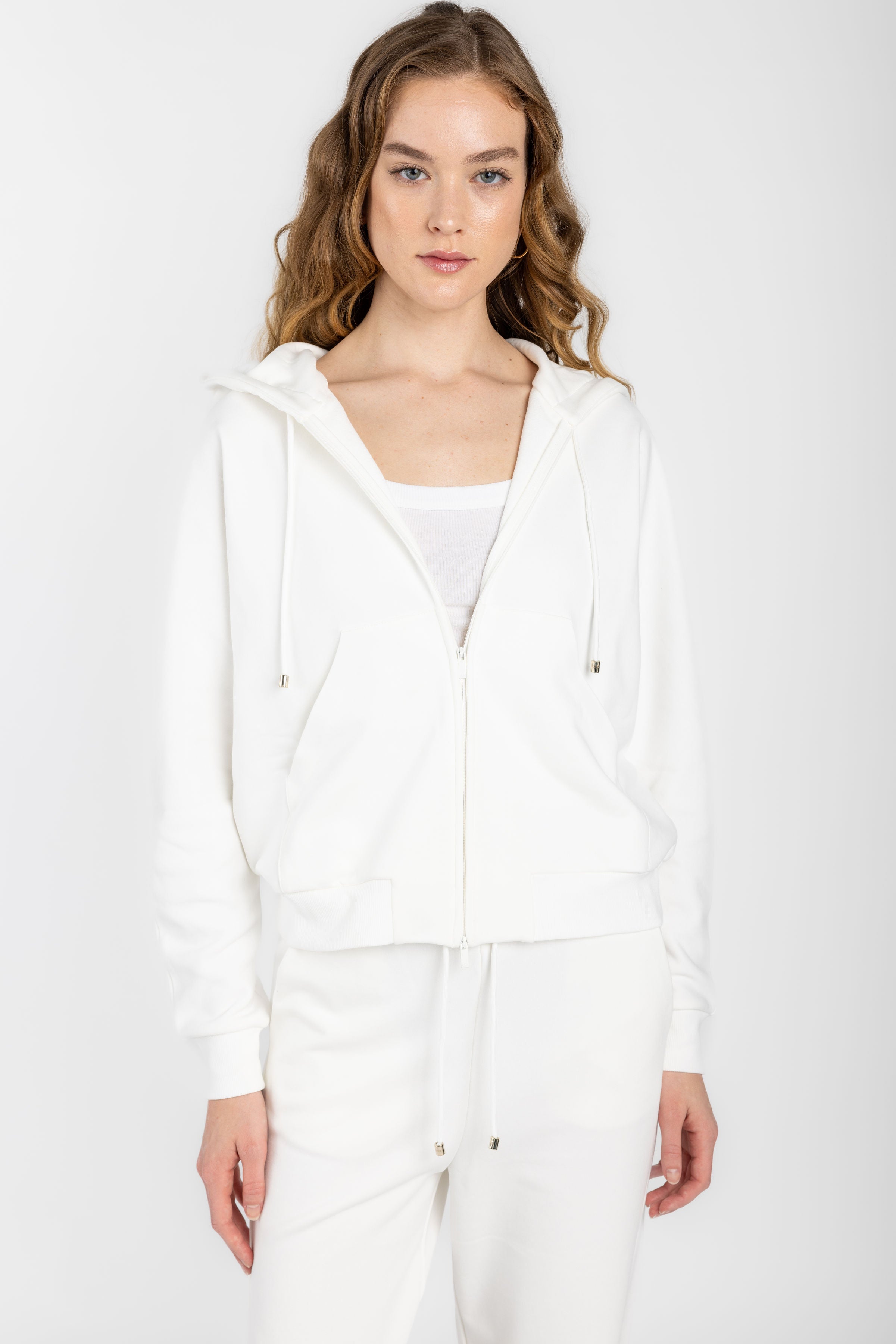 Kamila Cotton Fleece Zip-Up Hoodie in White