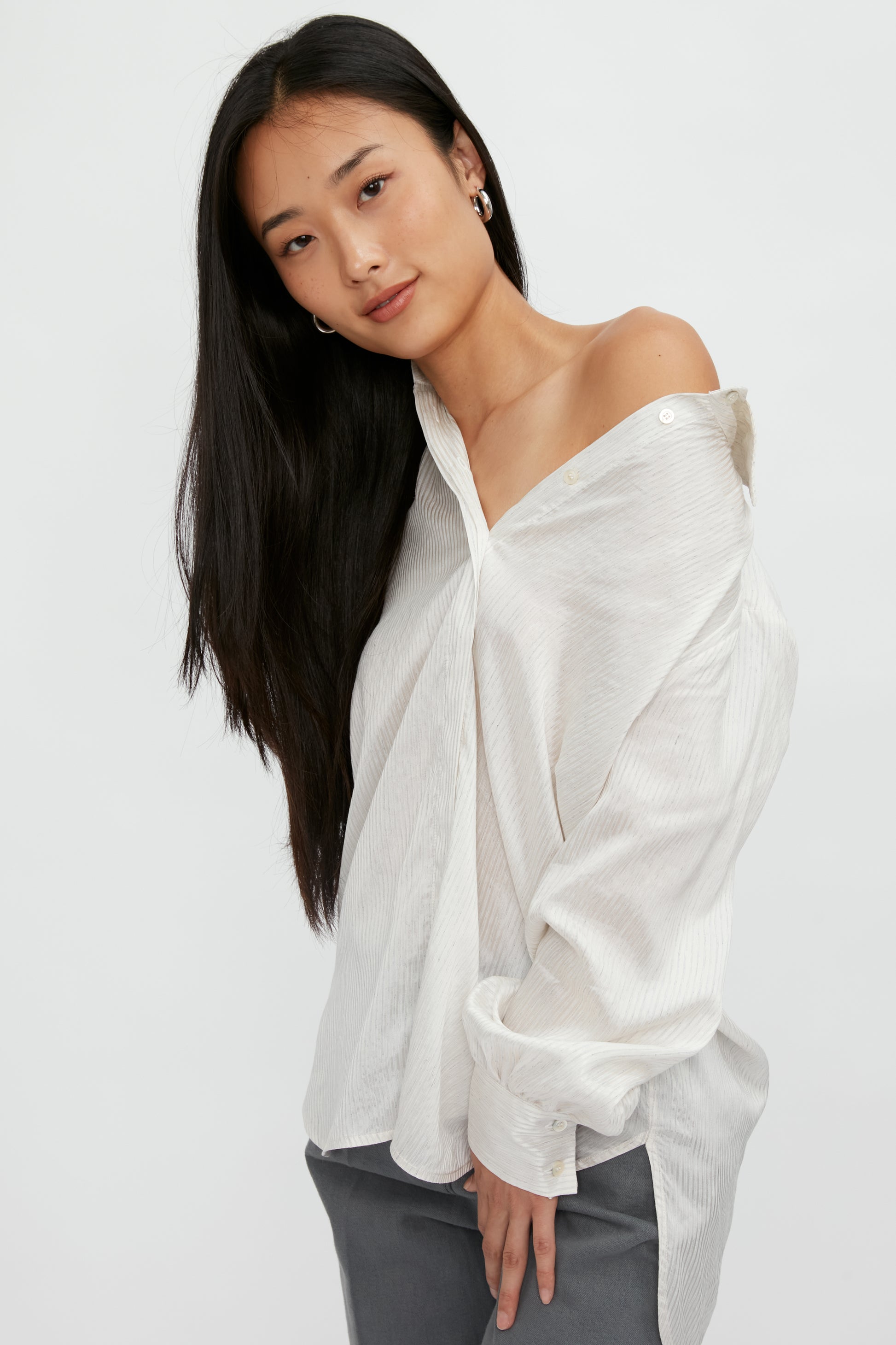 PESERICO Silk Voile Blouse in Grey Stripe