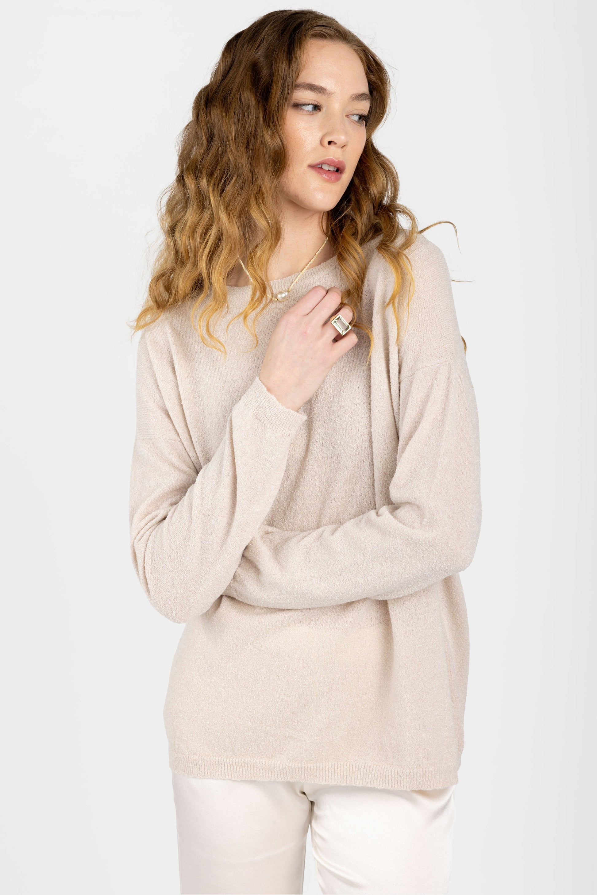 PRIVATE 0204 Cotton Silk Crewneck Pullover Sweater in Pearl