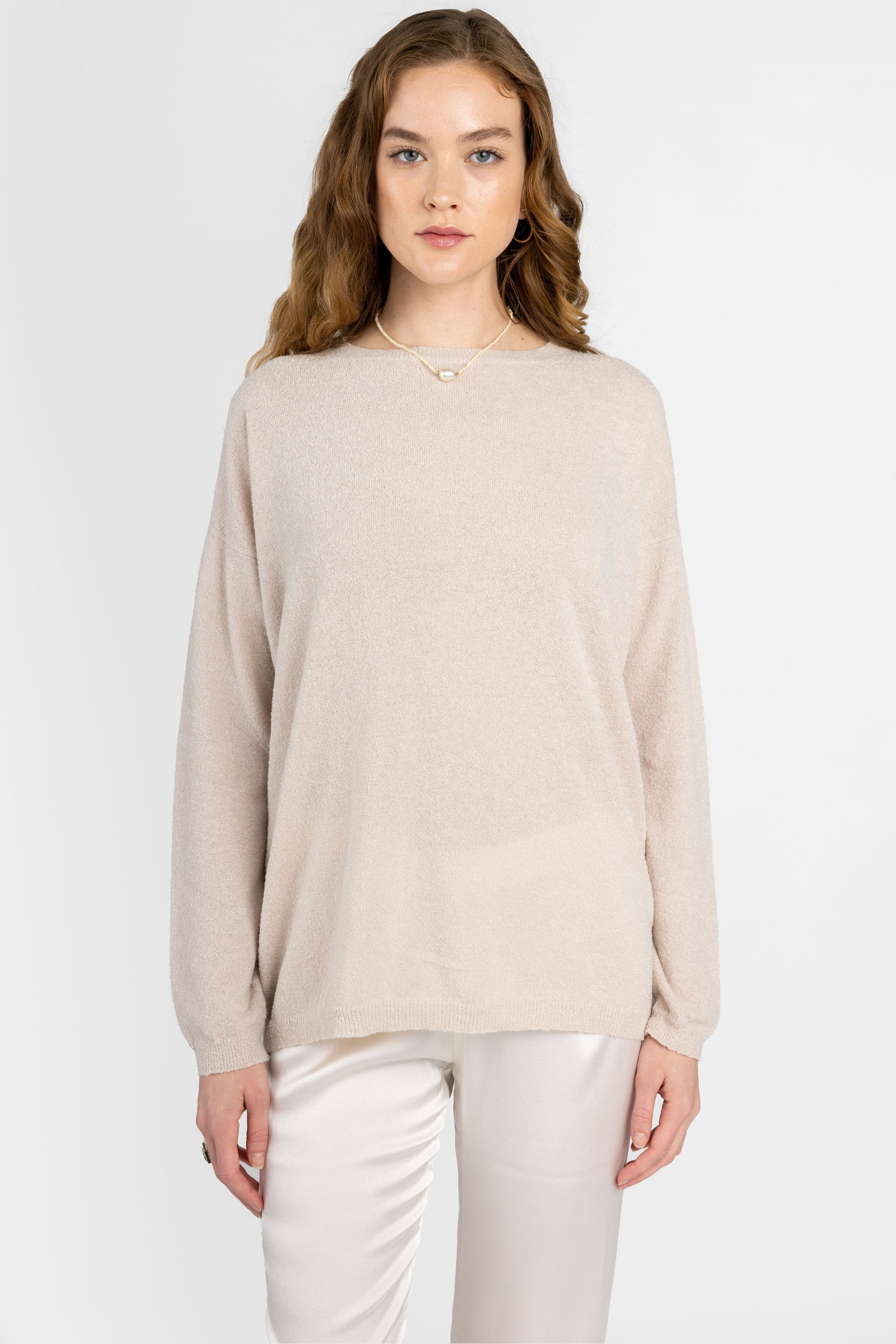 PRIVATE 0204 Cotton Silk Crewneck Pullover Sweater in Pearl