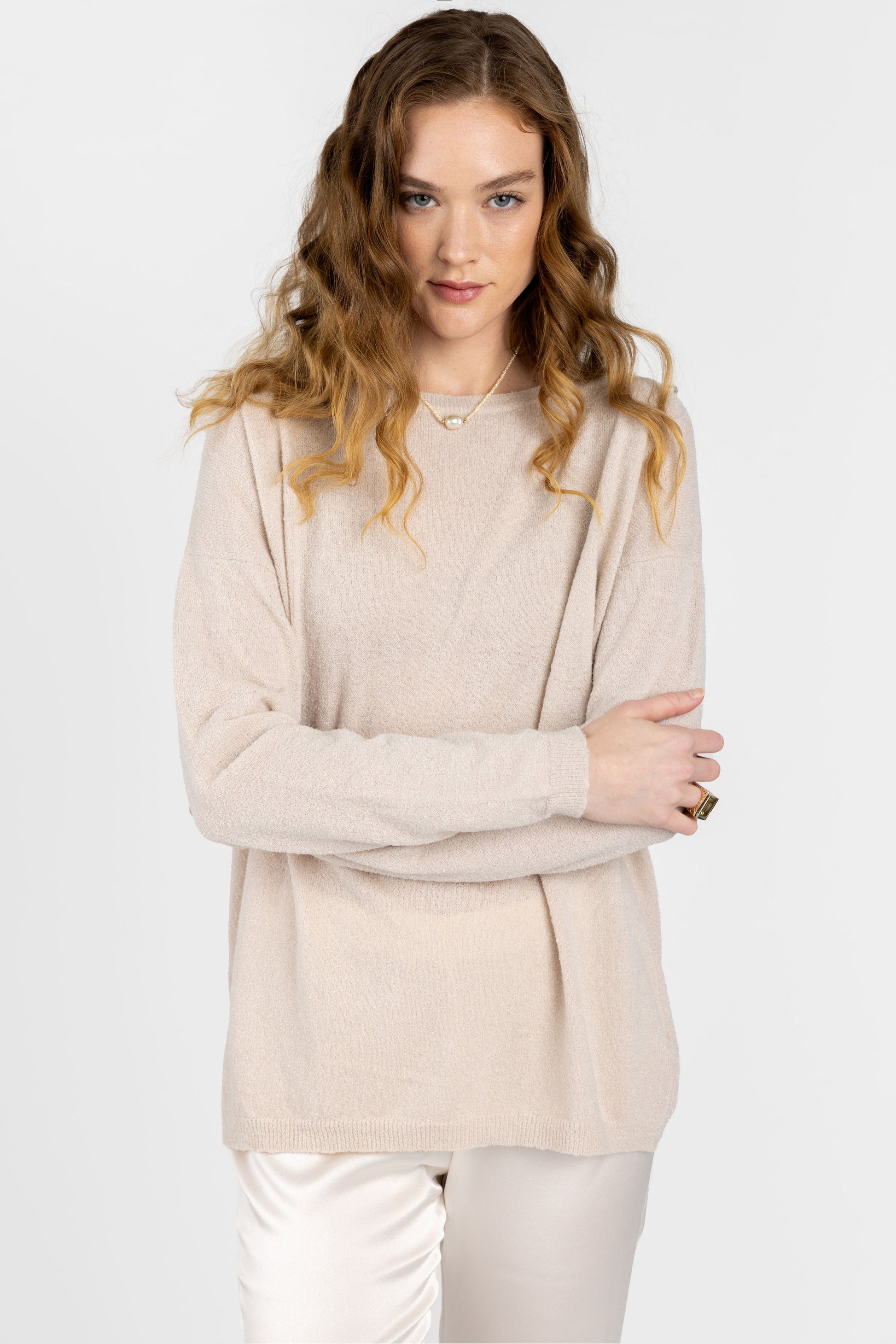 PRIVATE 0204 Cotton Silk Crewneck Pullover Sweater in Pearl