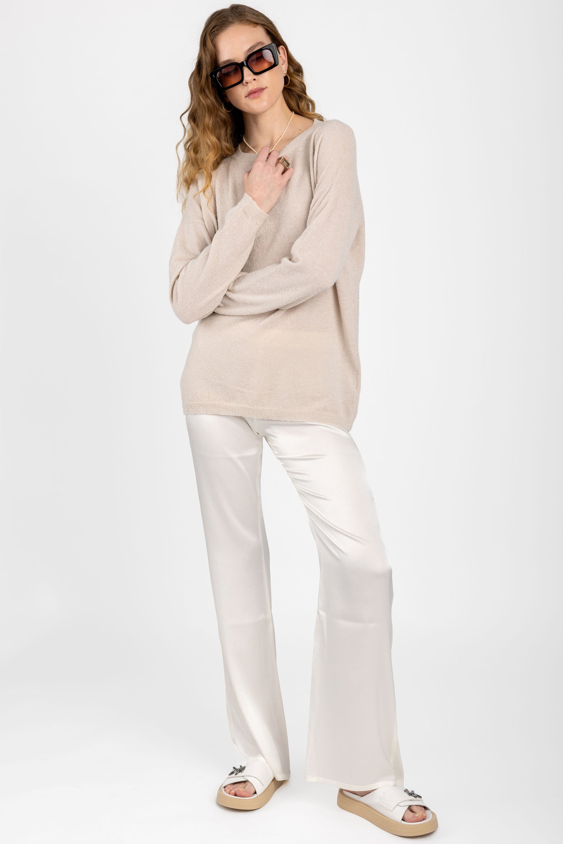 PRIVATE 0204 Cotton Silk Crewneck Pullover Sweater in Pearl