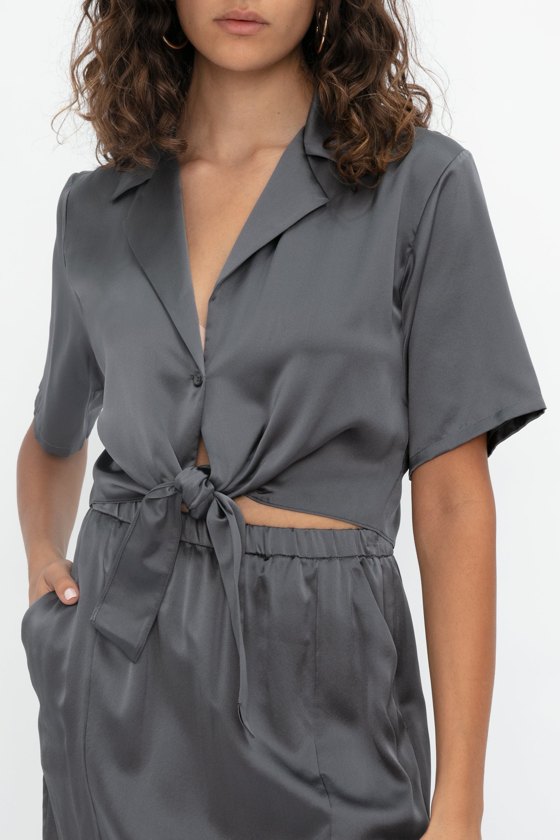SABLYN Ana Tie Front Silk Blouse in Thunder