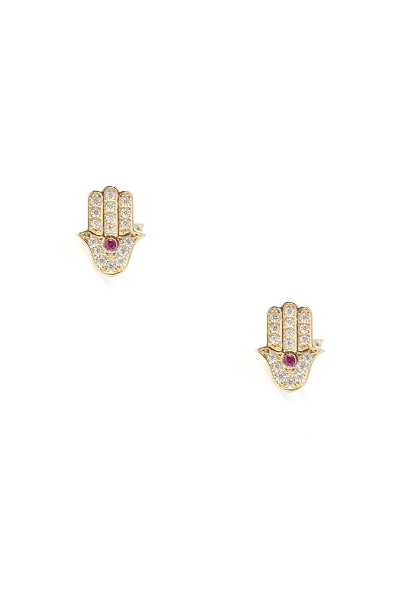 VELINA 14k Yellow Gold Pavé Crystal Hamsa Studs Pink
