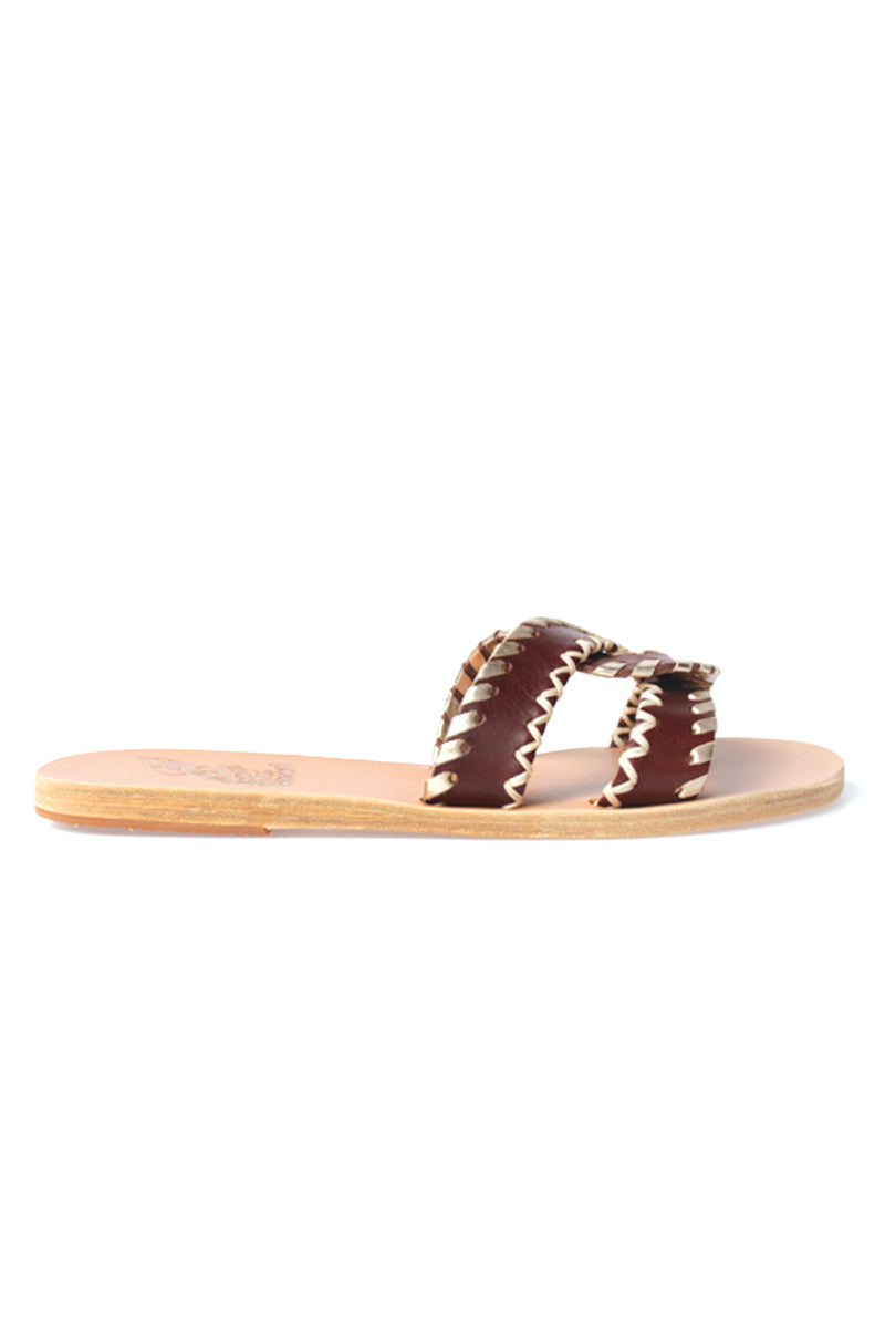 ANCIENT GREEK SANDALS Desmos Stitch Slide Sandals in Chestnut