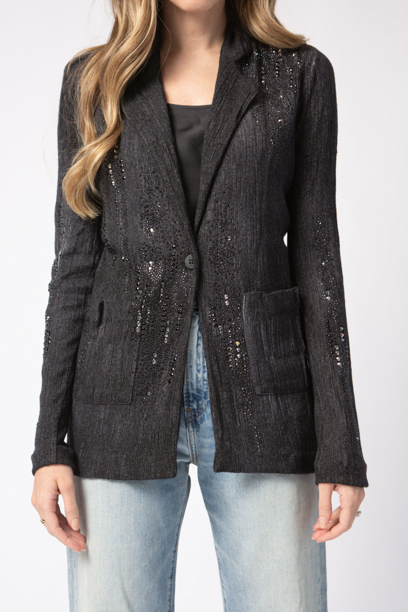 AVANT TOI Embellished Plissé Blazer Jacket in Nero