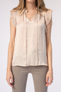 FRAME Pleated Keyhole Blouse in Parchment