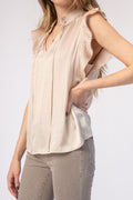 FRAME Pleated Keyhole Blouse in Parchment