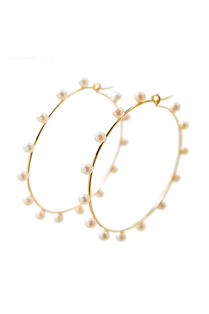 Large Shipswheel Hoops With Seed Pearls in Yellow Gold