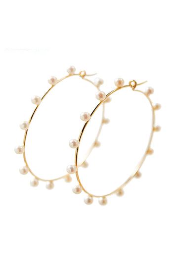 L.A. STEIN Large Shipswheel Hoops With Seed Pearls in Yellow Gold