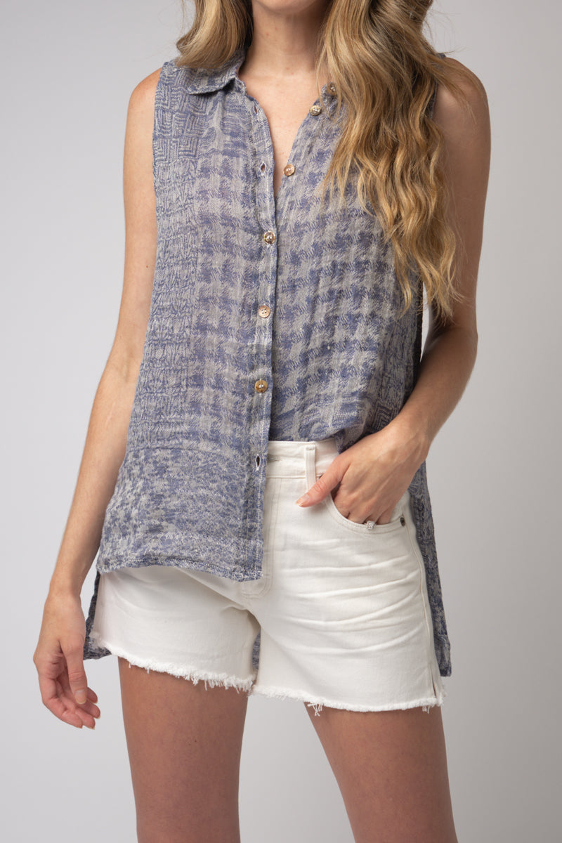 LA BOTTEGA DI BRUNELLA Canotta Valanza Linen Button Down Top in Blu Naturale