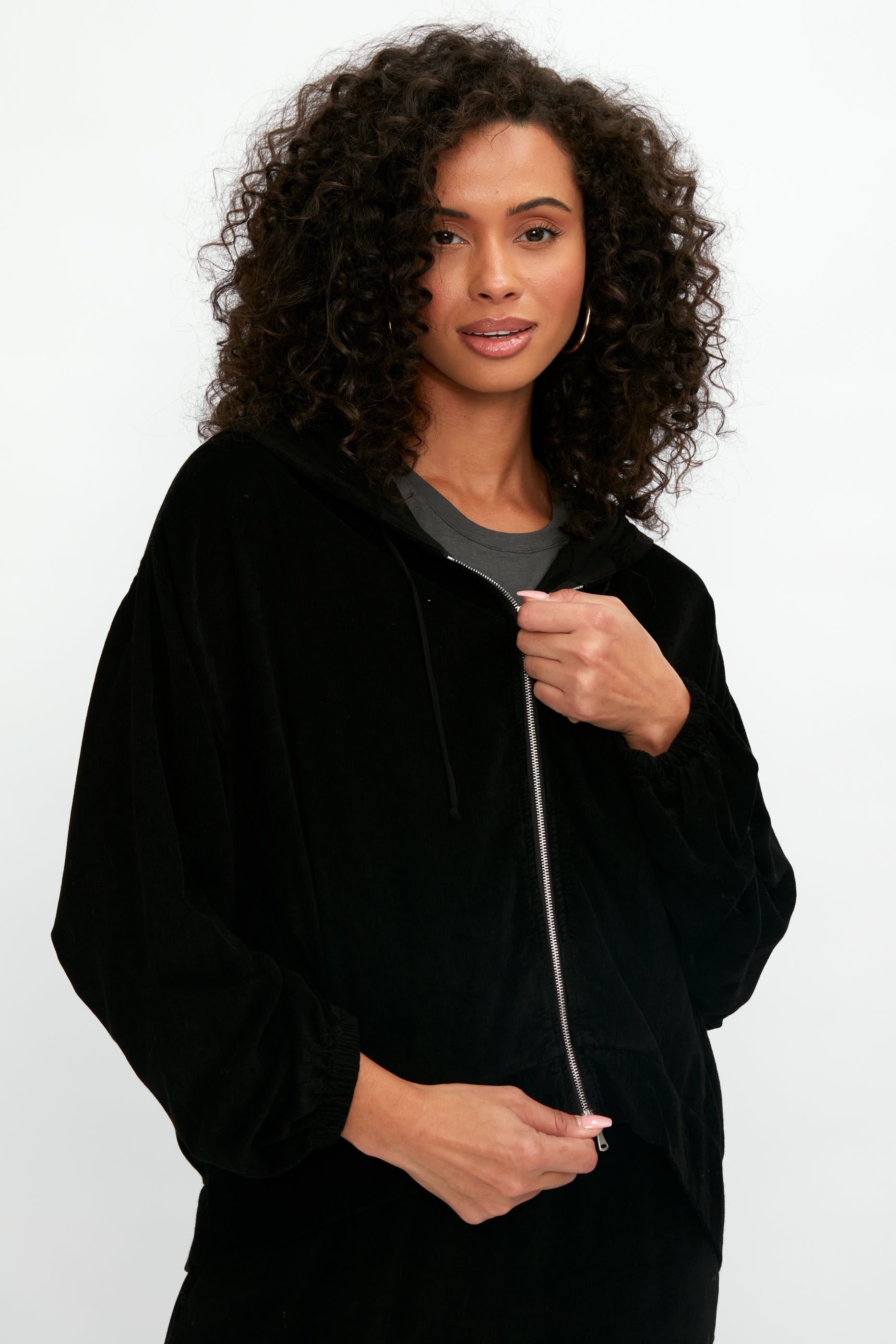 TANDEM Zip Up Hooded Jacket in Black