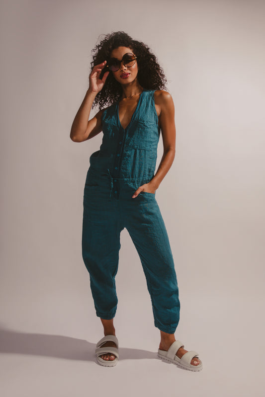 TRANSIT Linen Button Down Jumpsuit in Octanium