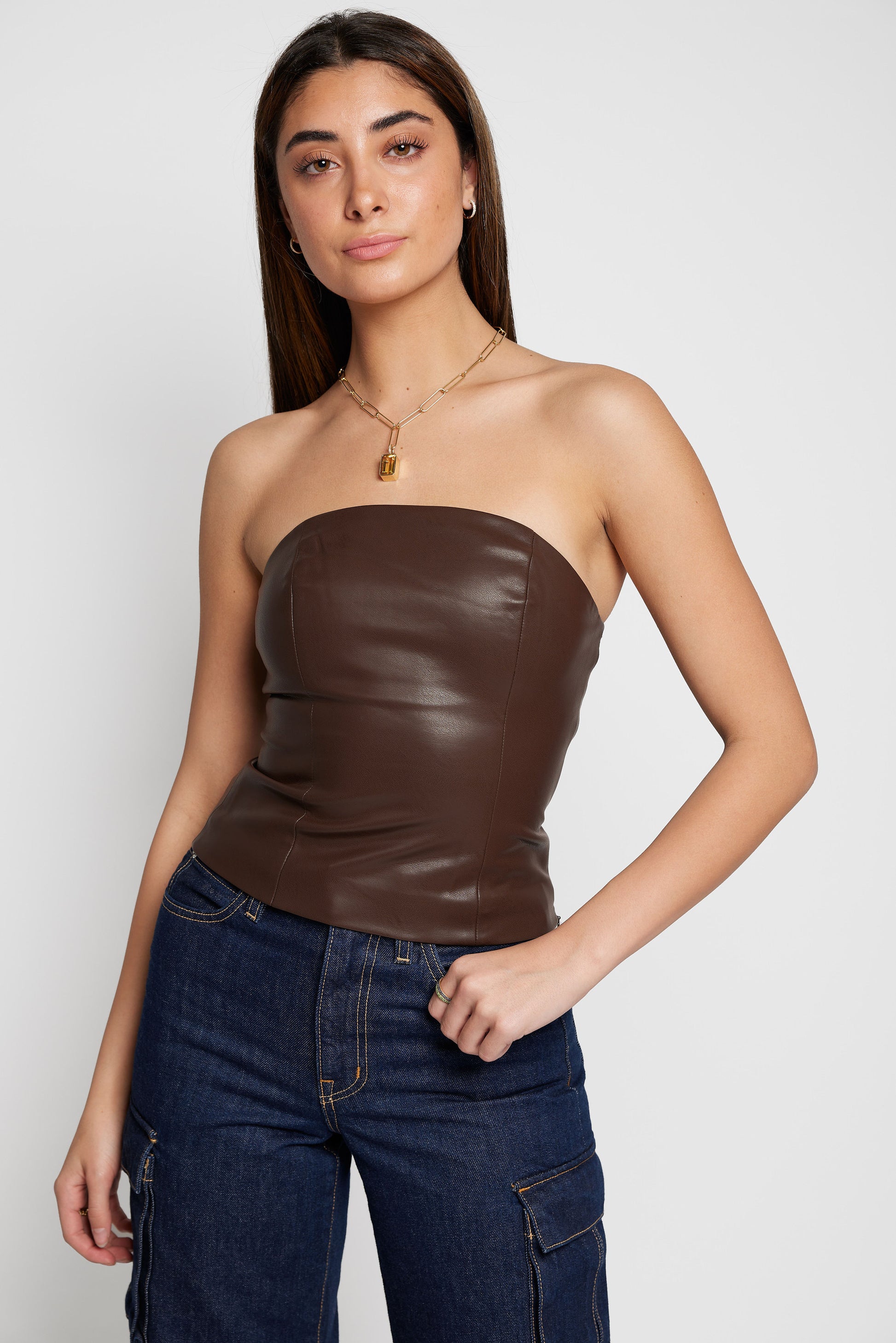 THE RANGE Plush Vegan Leather Bustier Top in Chocolate