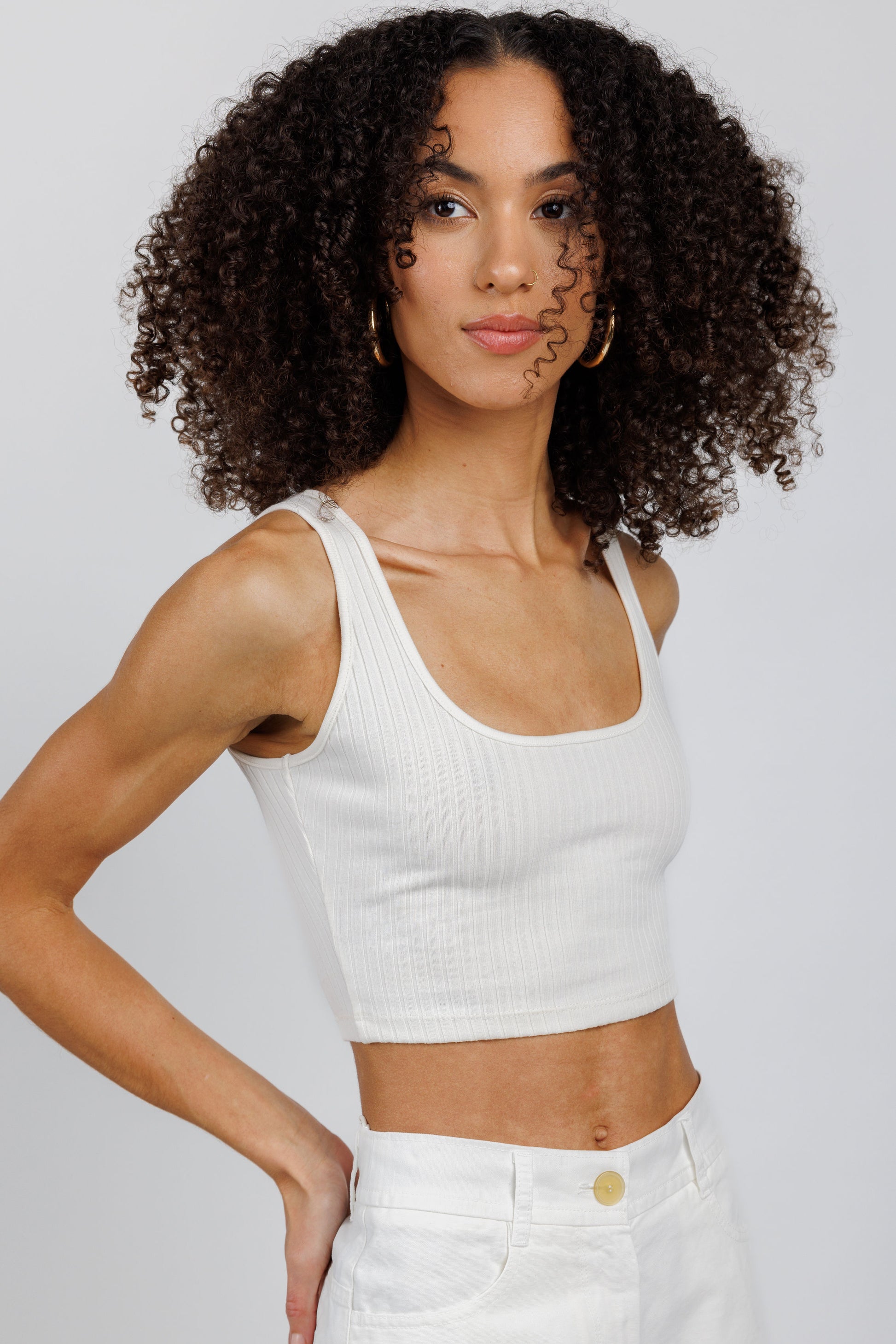 THE RANGE Primary Rib Cropped Tank in Light Shell