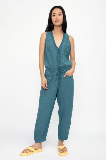 TRANSIT Linen Button Down Jumpsuit in Octanium