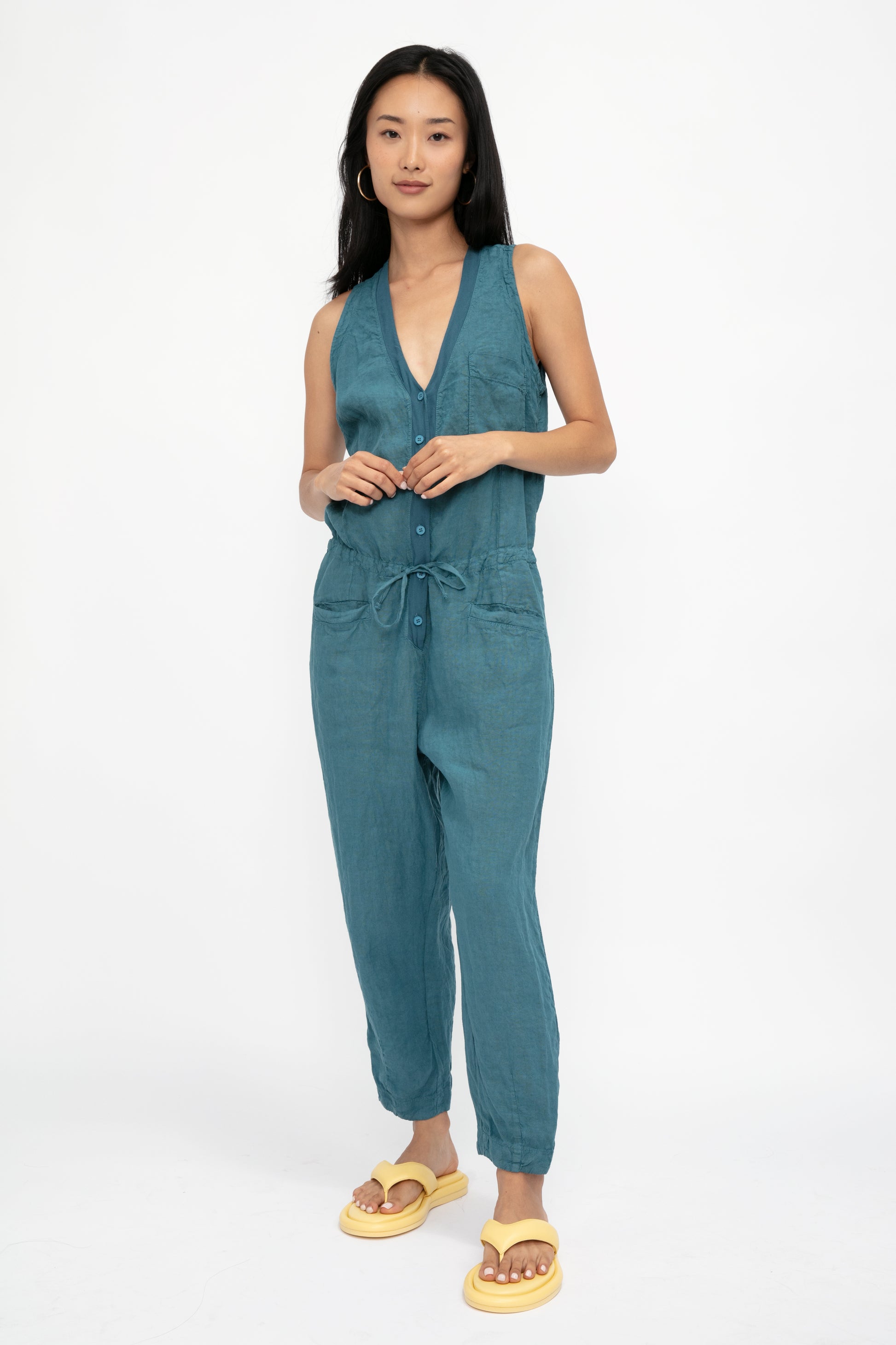 TRANSIT Linen Button Down Jumpsuit in Octanium