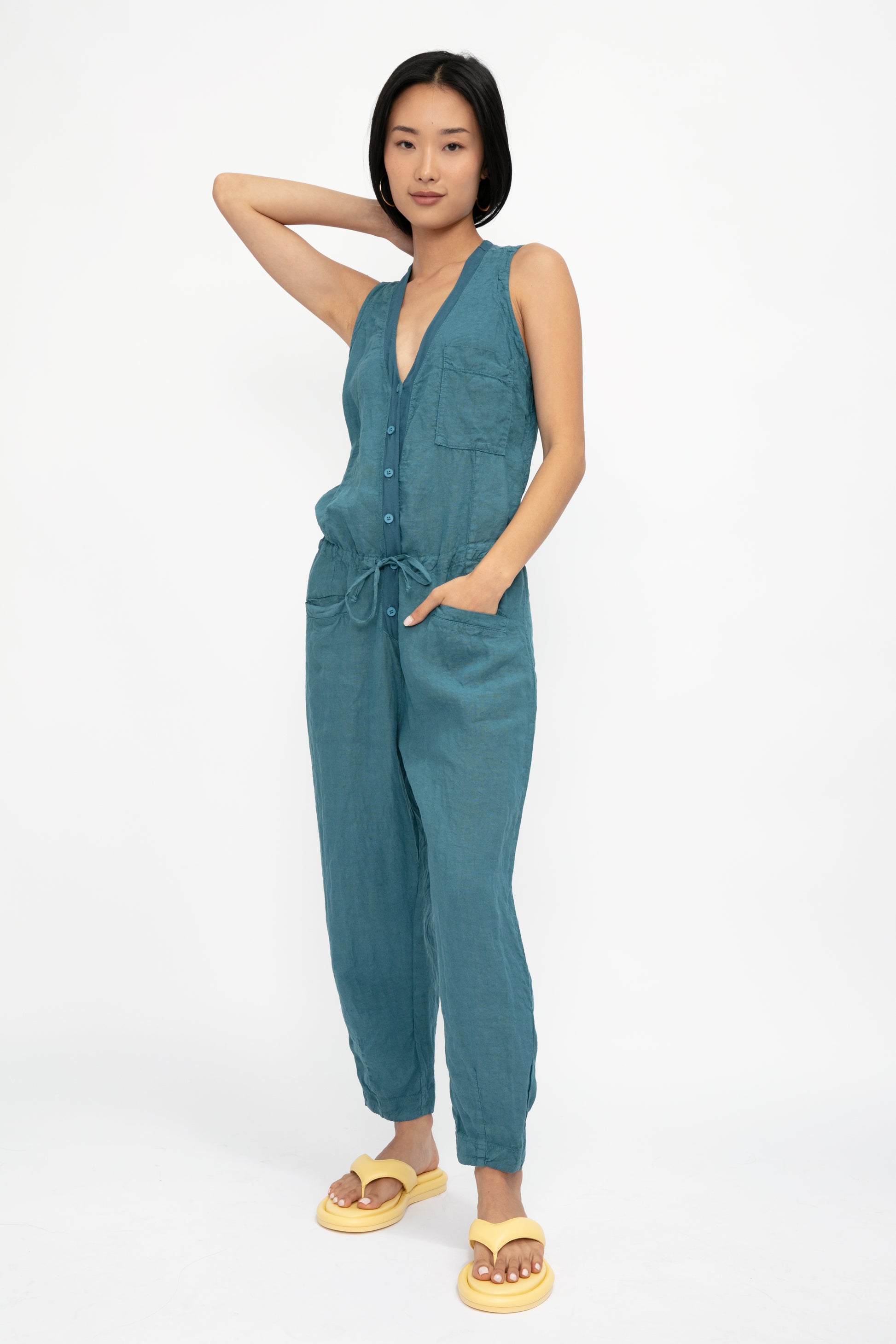 TRANSIT Linen Button Down Jumpsuit in Octanium