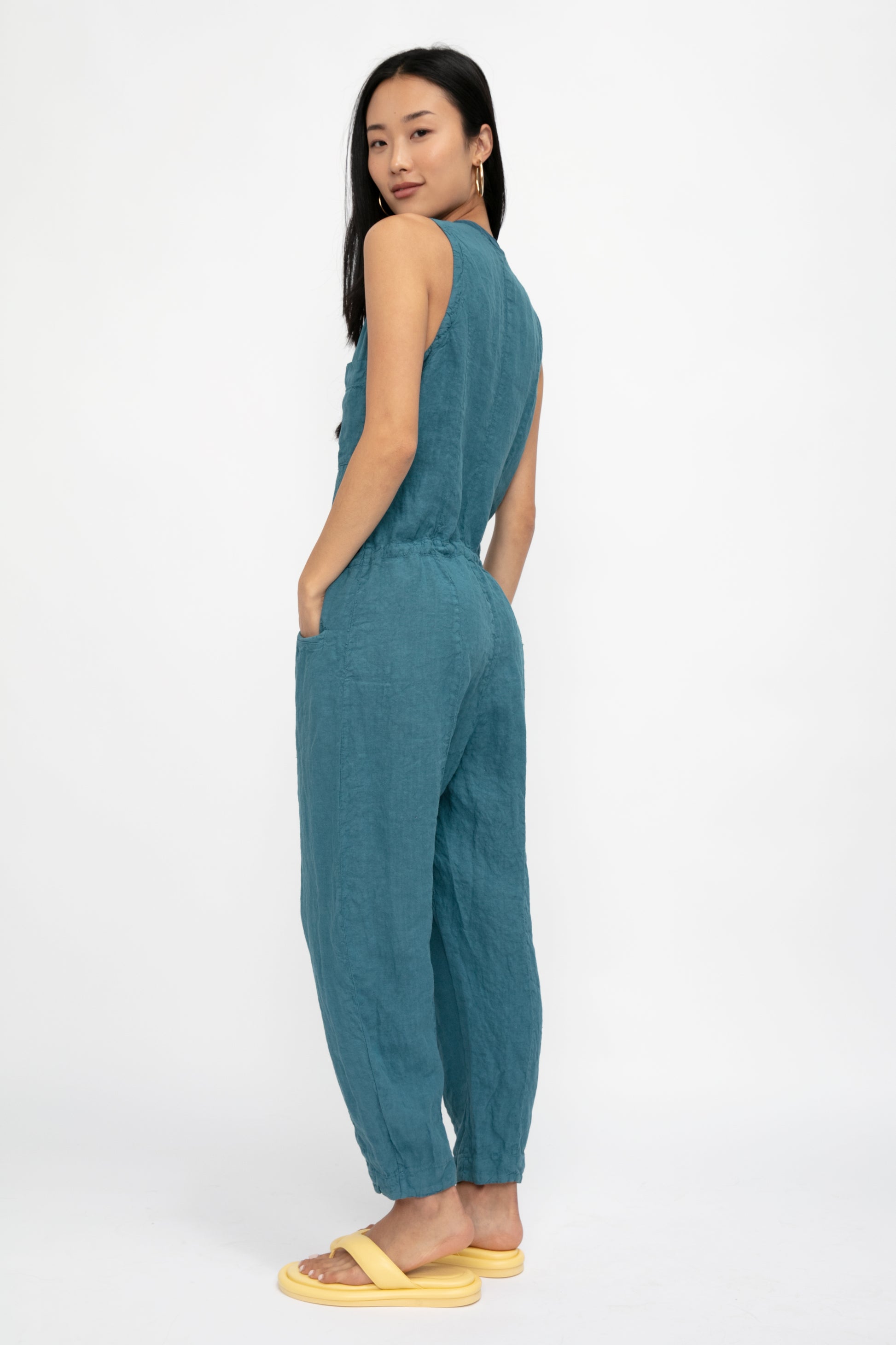 TRANSIT Linen Button Down Jumpsuit in Octanium