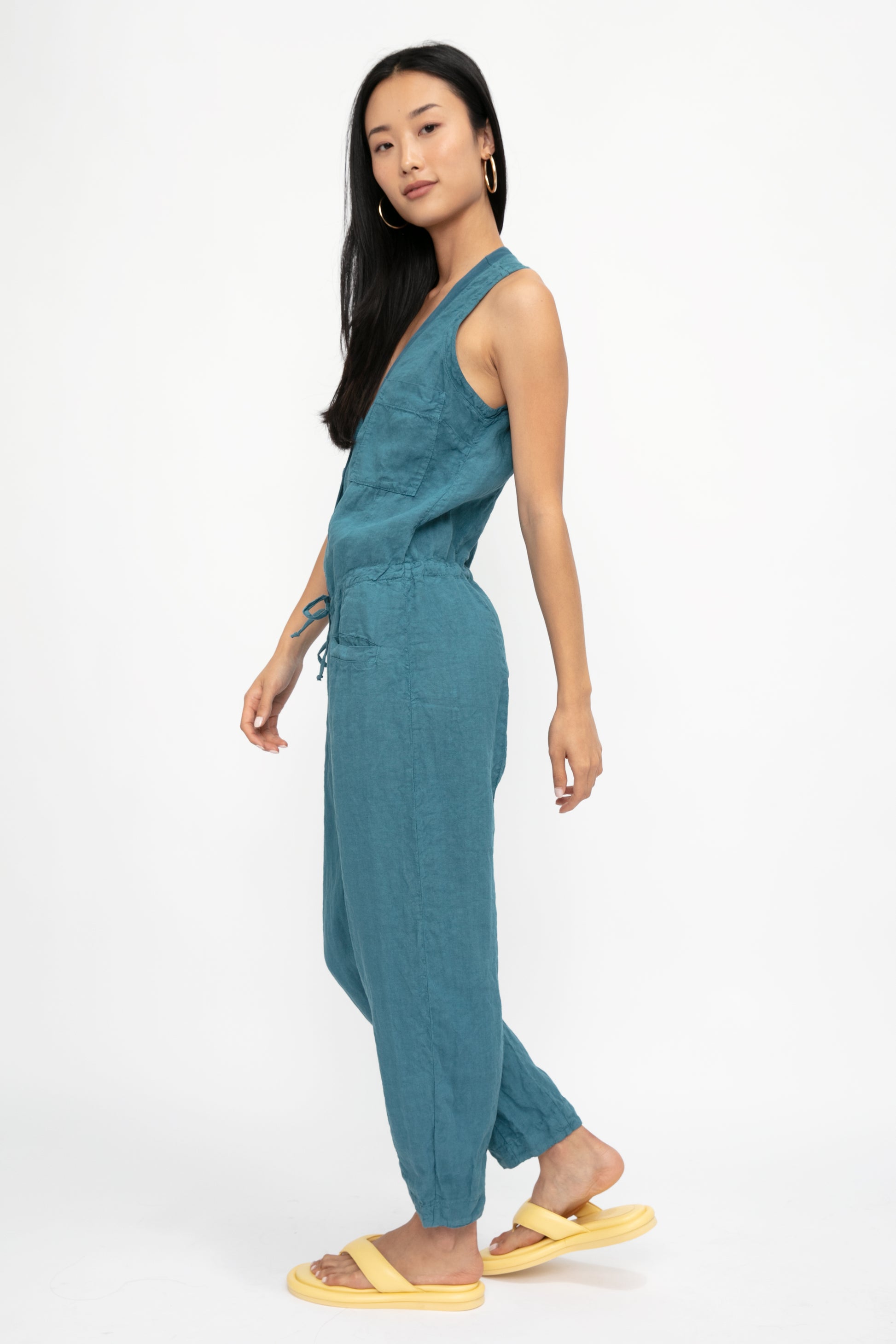 TRANSIT Linen Button Down Jumpsuit in Octanium