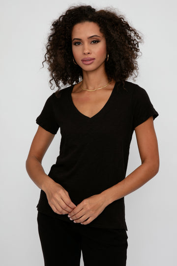 ATM Slub Jersey Schoolboy V-Neck Tee in Black