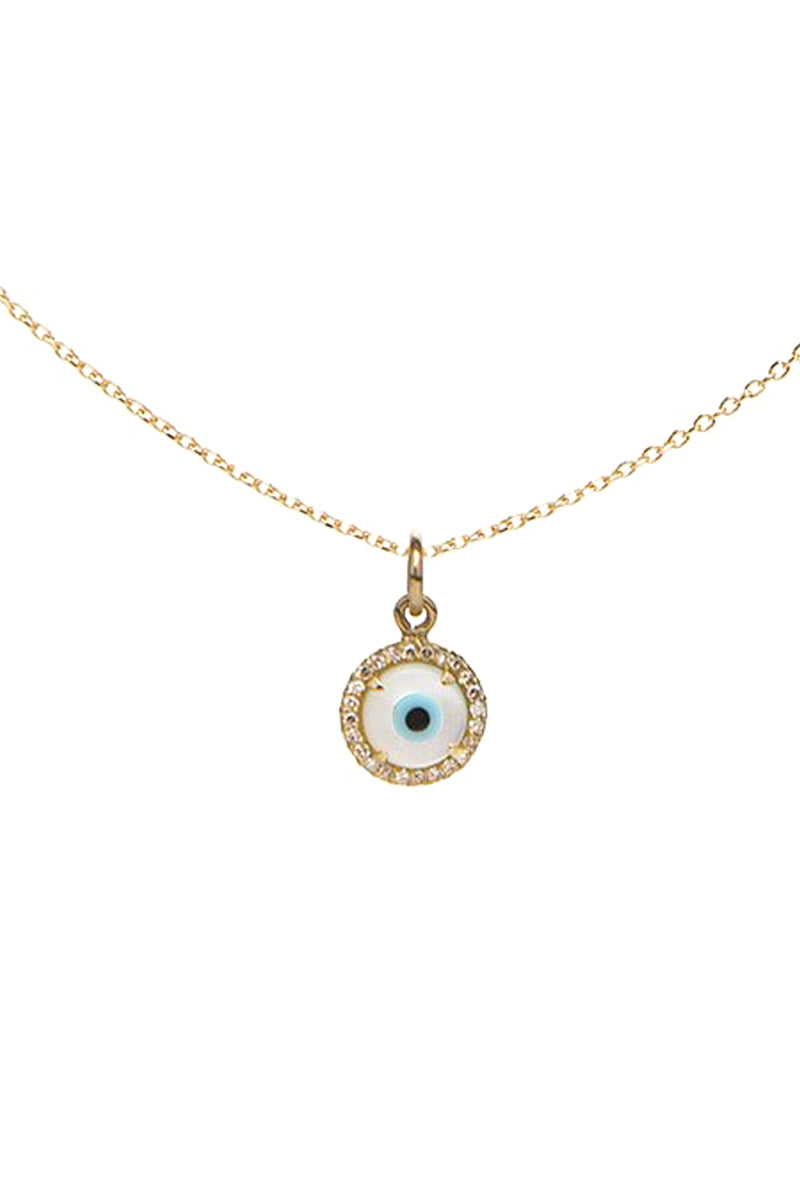 Diamond Mother of Pearl Evil Eye Necklace in Yellow Gold