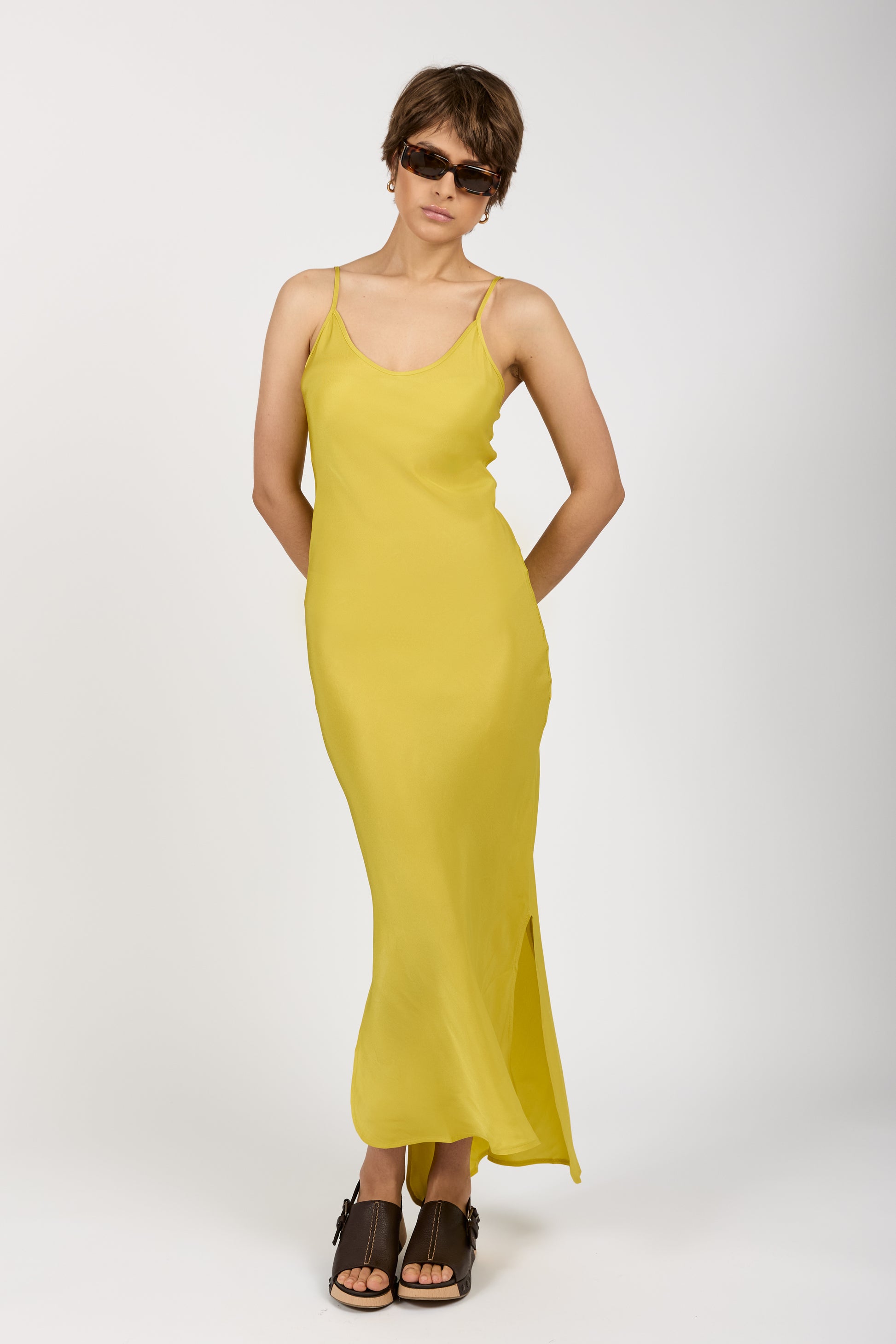 ANDREA YA'AQOV Fitted Maxi Slip Dress in Canary