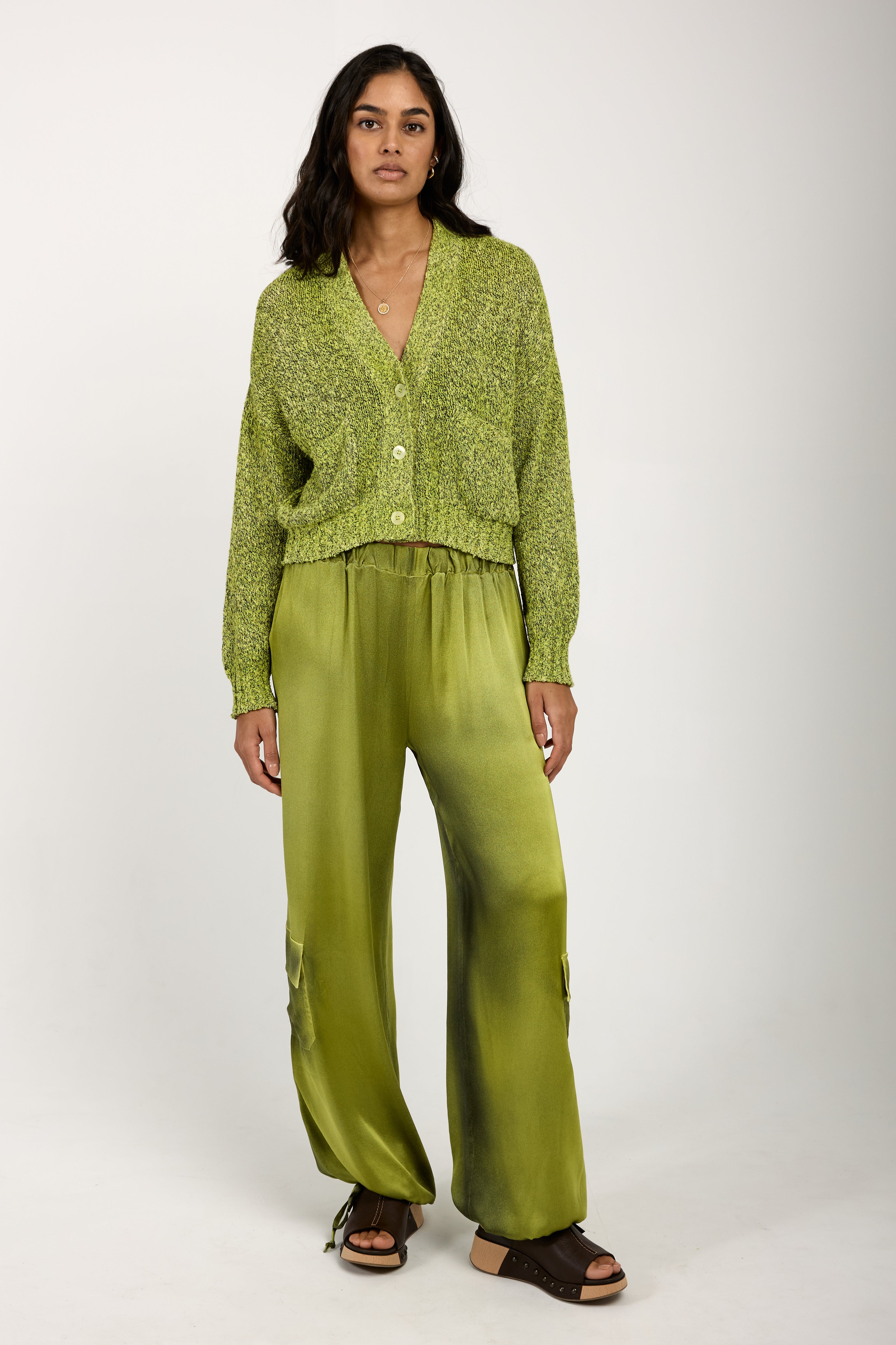 Mouliné Boxy Cotton Cardigan in Lime