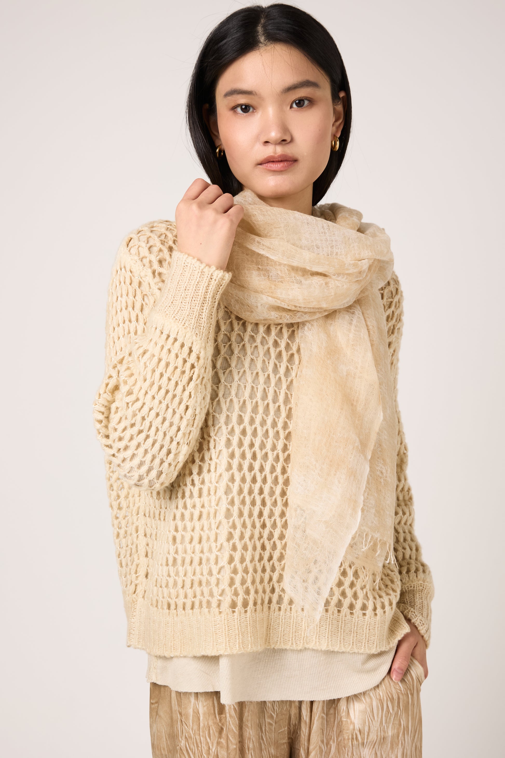AVANT TOI Hand Painted Lace Stitch Cashmere Silk Pullover in Vaniglia