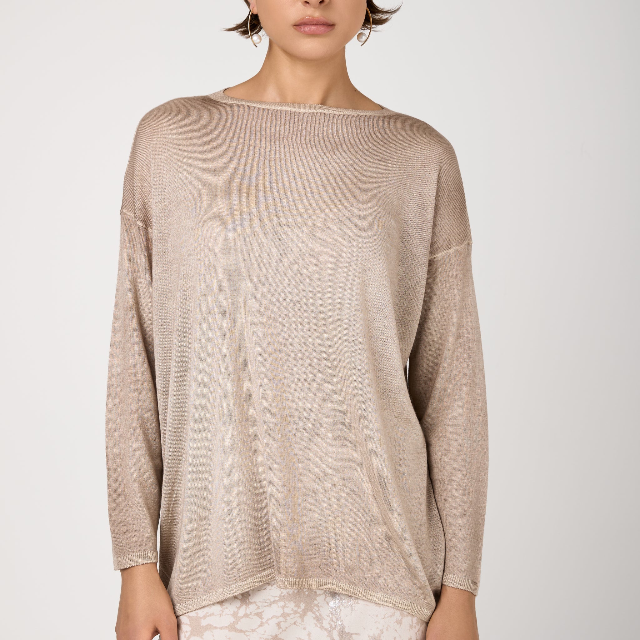 Hand Painted Boat Neck Cashmere Silk Pullover in Noce Moscata