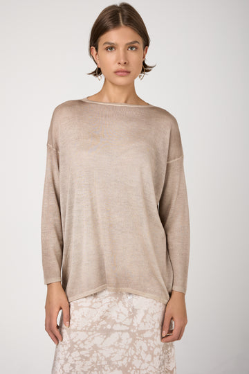 Hand Painted Boat Neck Cashmere Silk Pullover in Noce Moscata