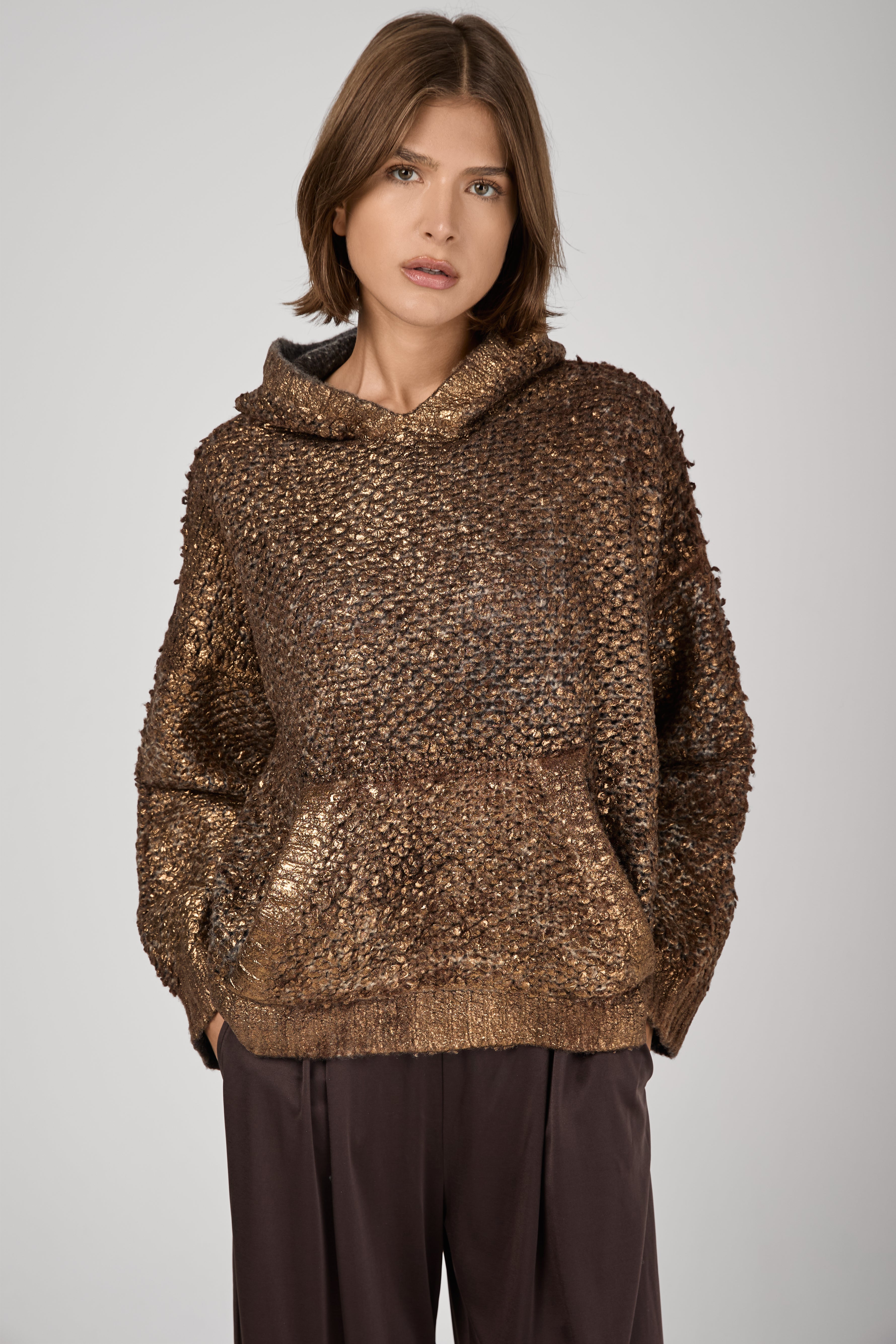 Hand Painted Furry Stitch Hooded Pullover with Lamination in Antilope