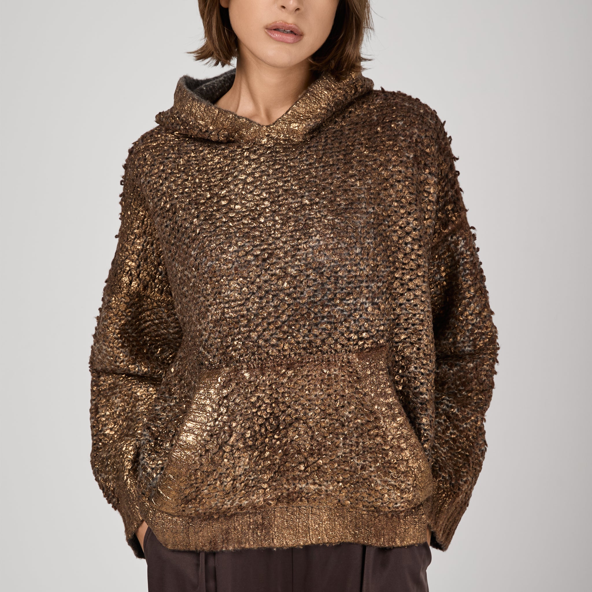 AVANT TOI Hand Painted Furry Stitch Hooded Pullover with Lamination in Antilope