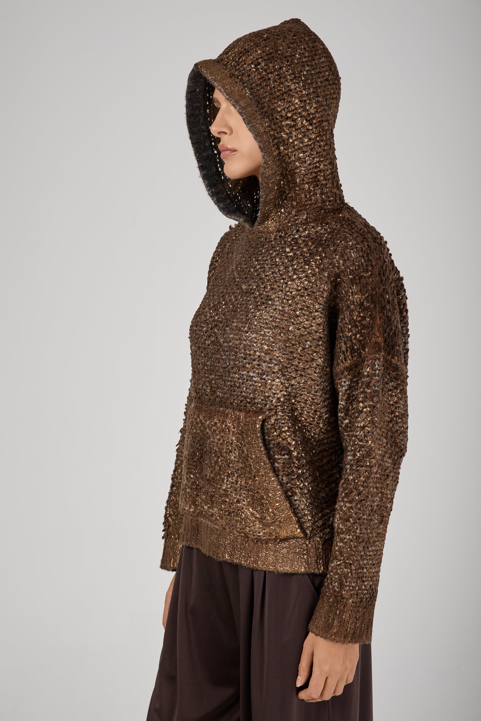 AVANT TOI Hand Painted Furry Stitch Hooded Pullover with Lamination in Antilope