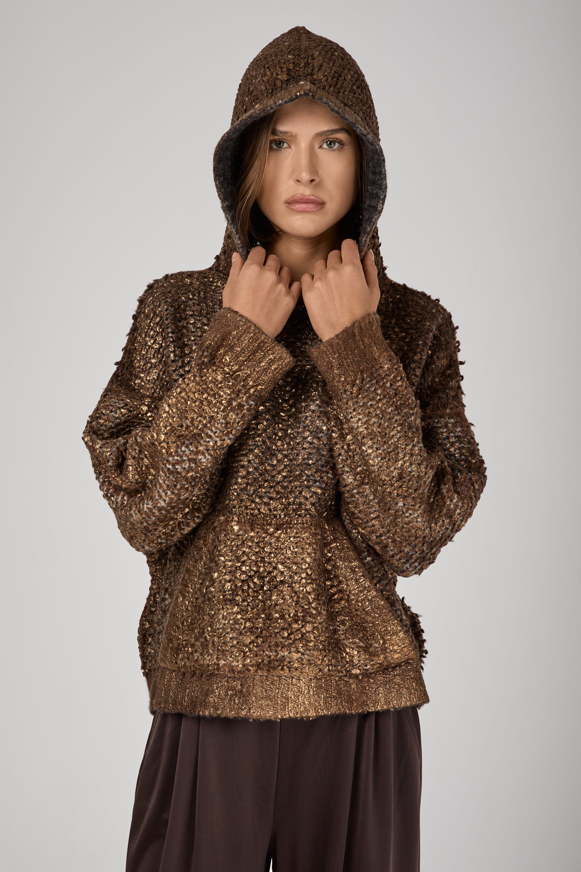 AVANT TOI Hand Painted Furry Stitch Hooded Pullover with Lamination in Antilope