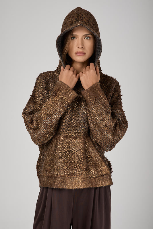 AVANT TOI Hand Painted Furry Stitch Hooded Pullover with Lamination in Antilope